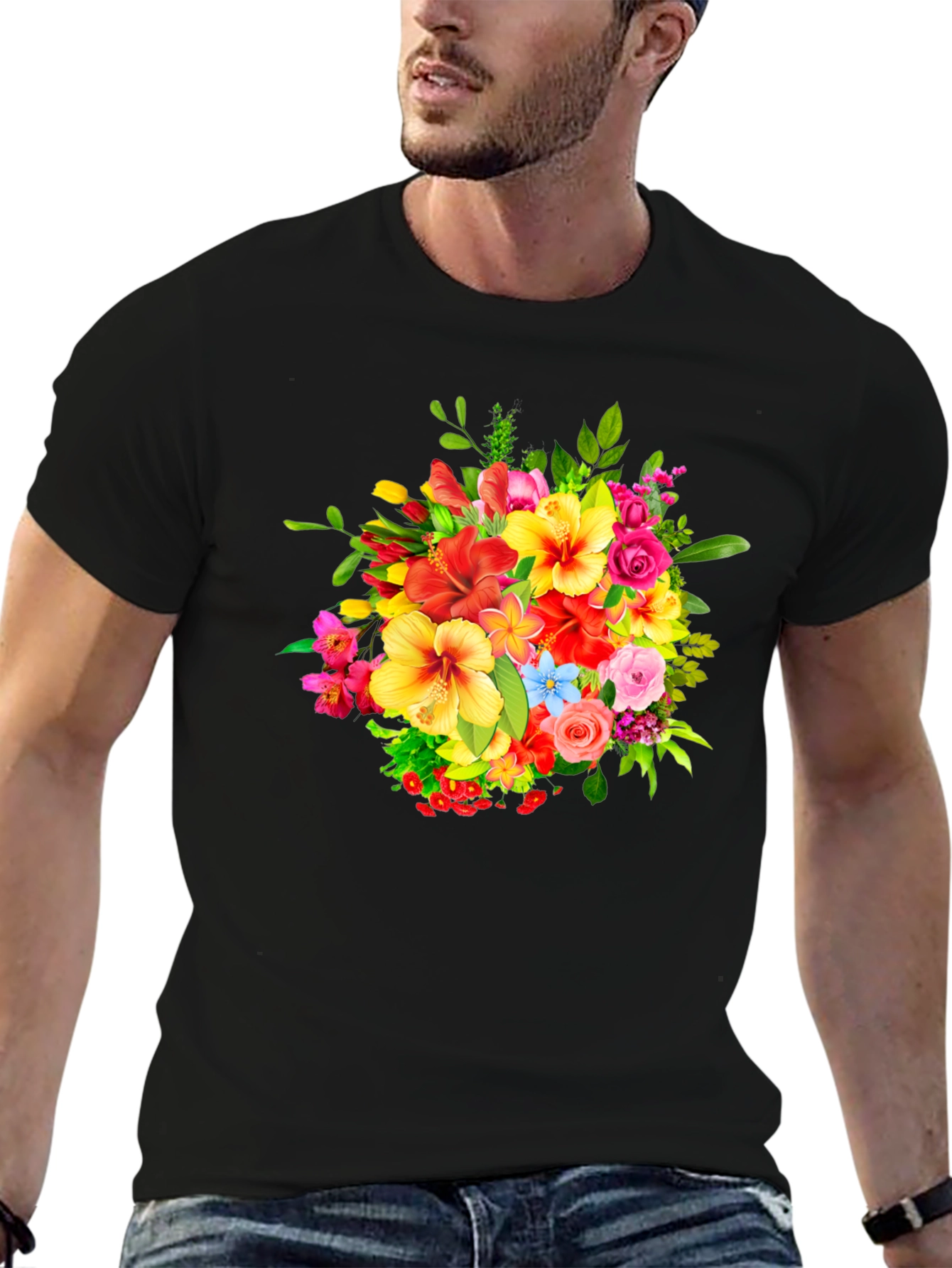 Black Floral Bouquet Graphic Print Black T-Shirt view 6