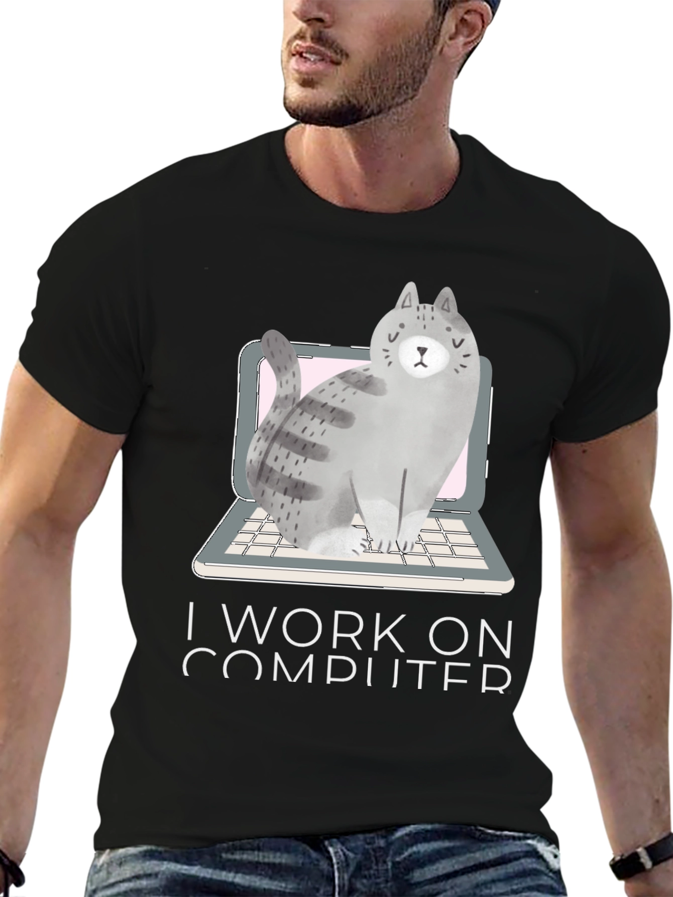 Black Cat on Laptop T-Shirt - I Work on Computer view 6