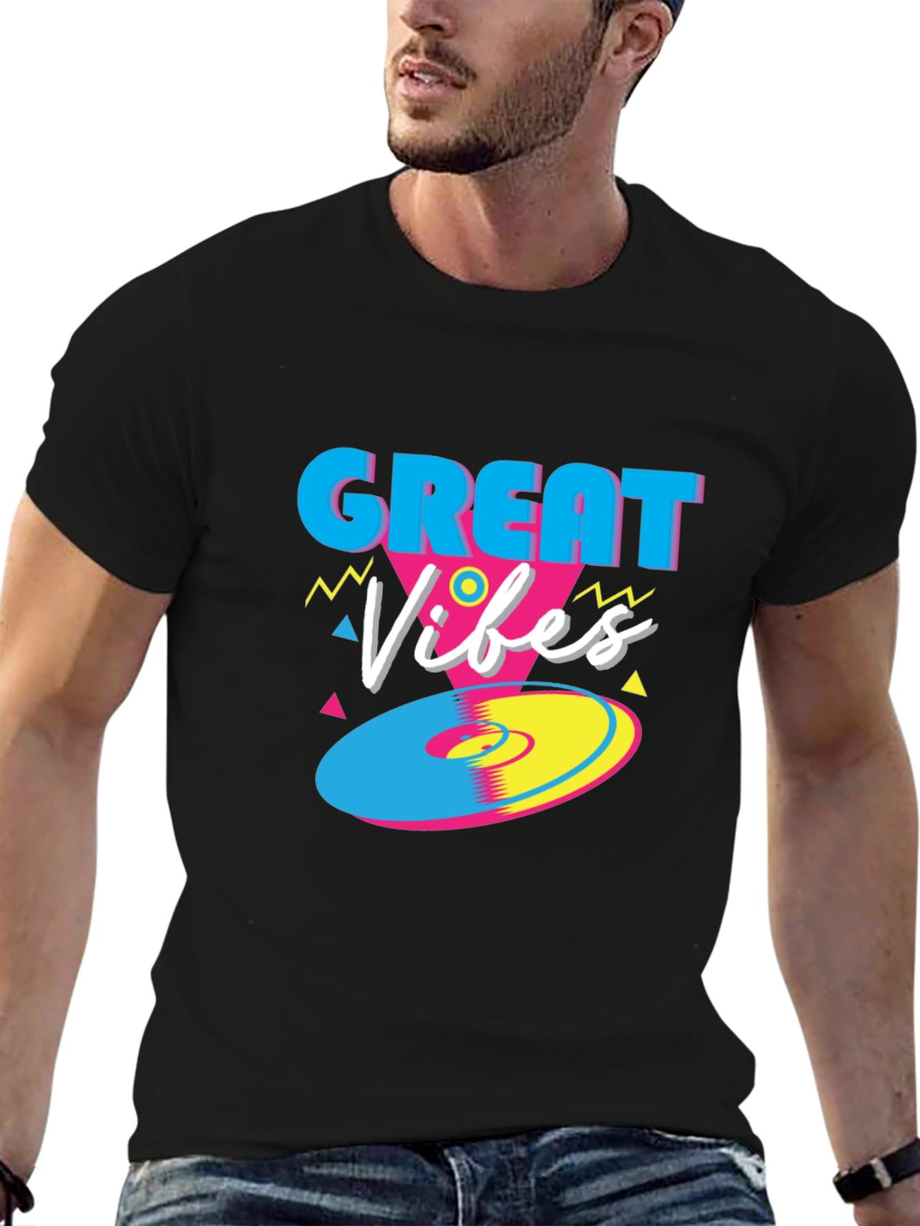Black Great Vibes Retro T-Shirt - Funky 80s Style Tee view 6