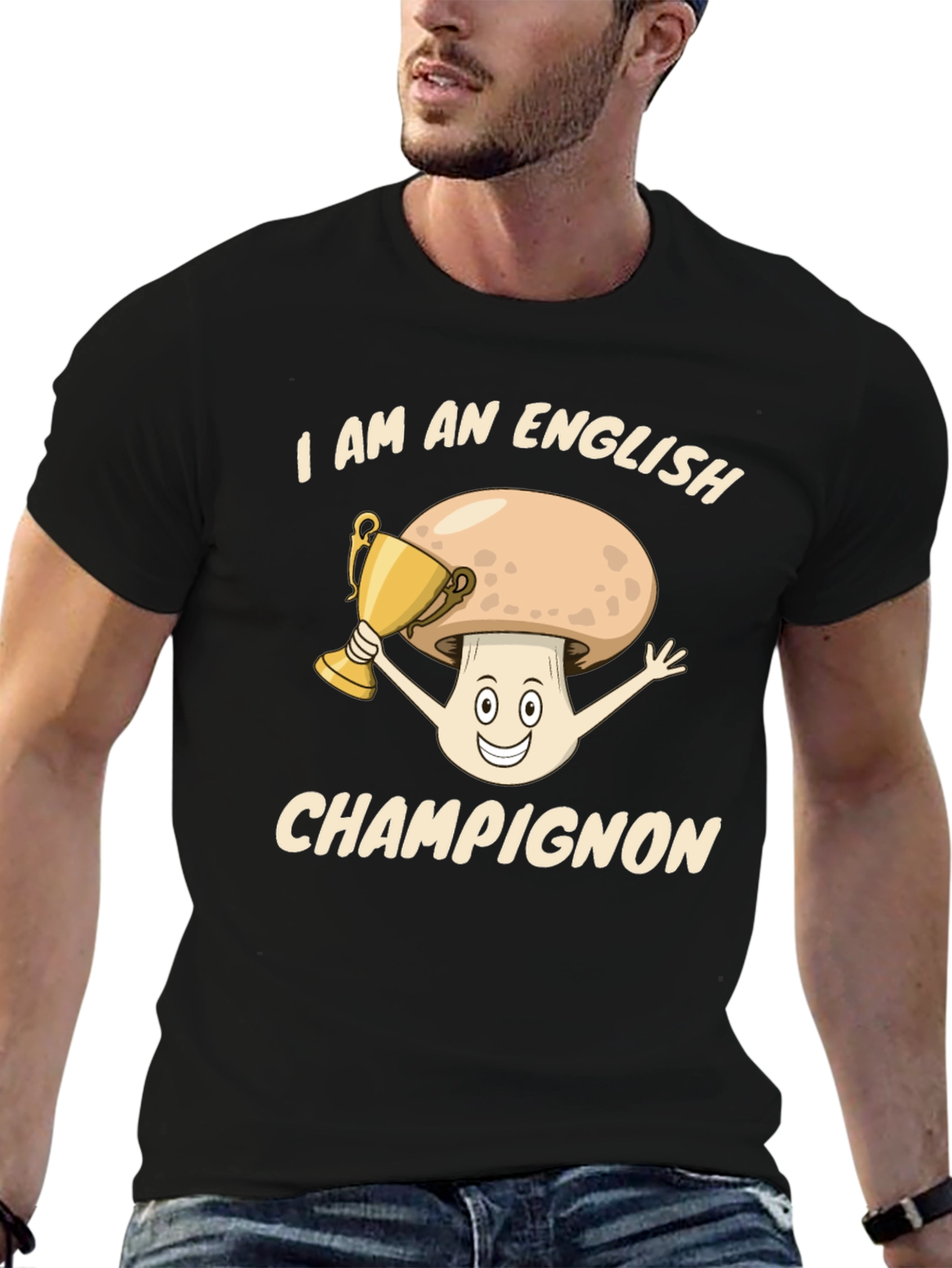 Black English Champignon T-Shirt - Funny Mushroom Pun Tee view 6