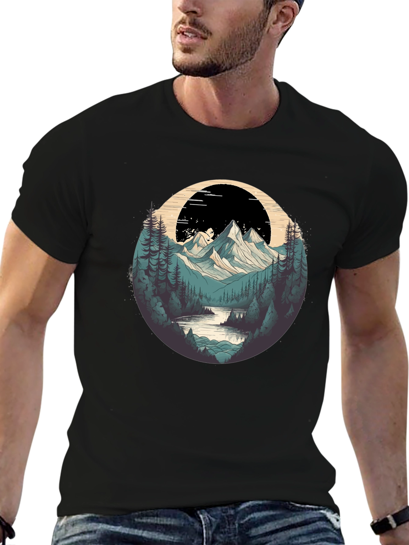 Black Nature Graphic T-Shirt - Mountain and Forest Design view 6