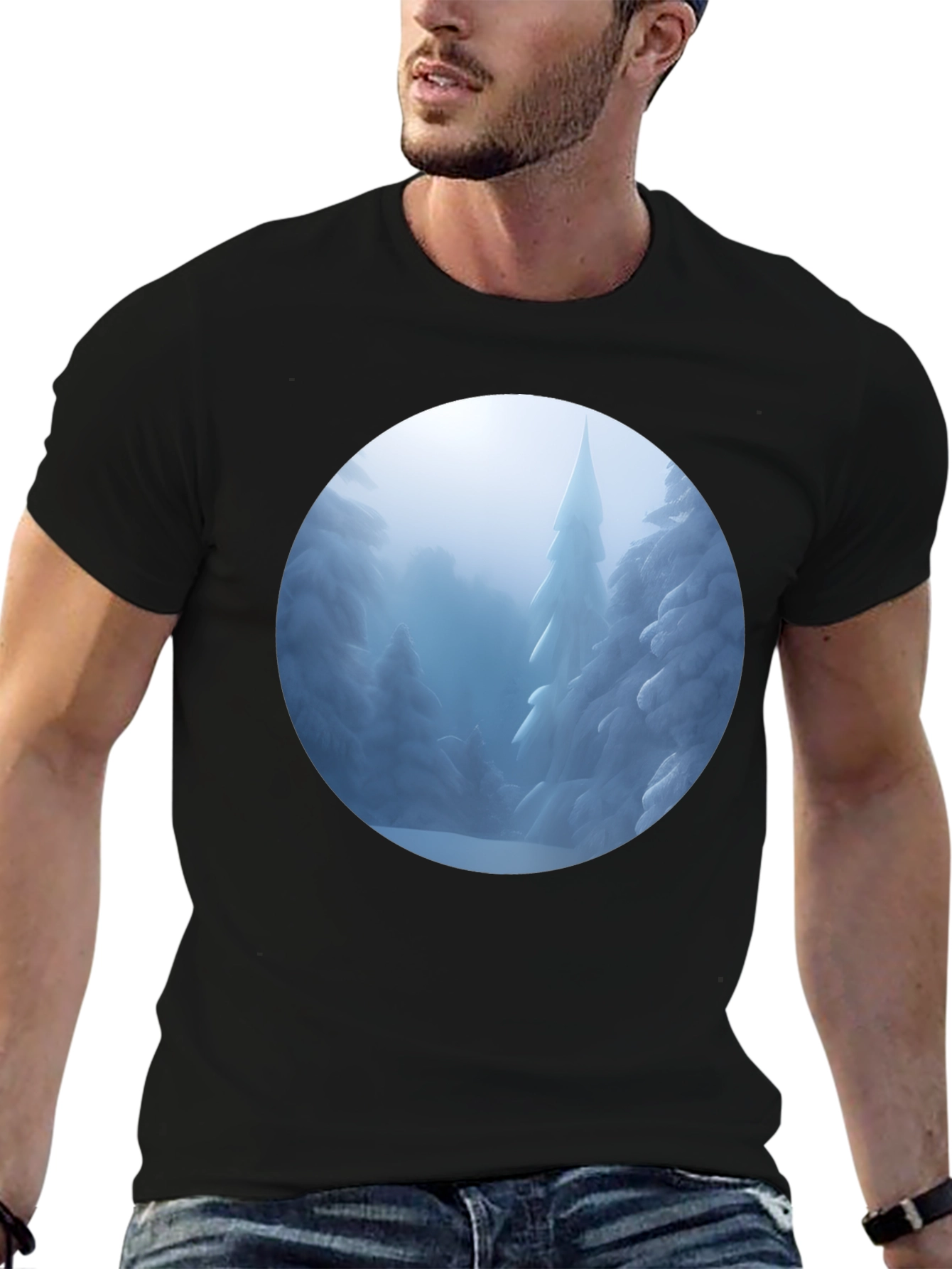 Black Winter Wonderland T-Shirt - Snowy Forest Scene view 6