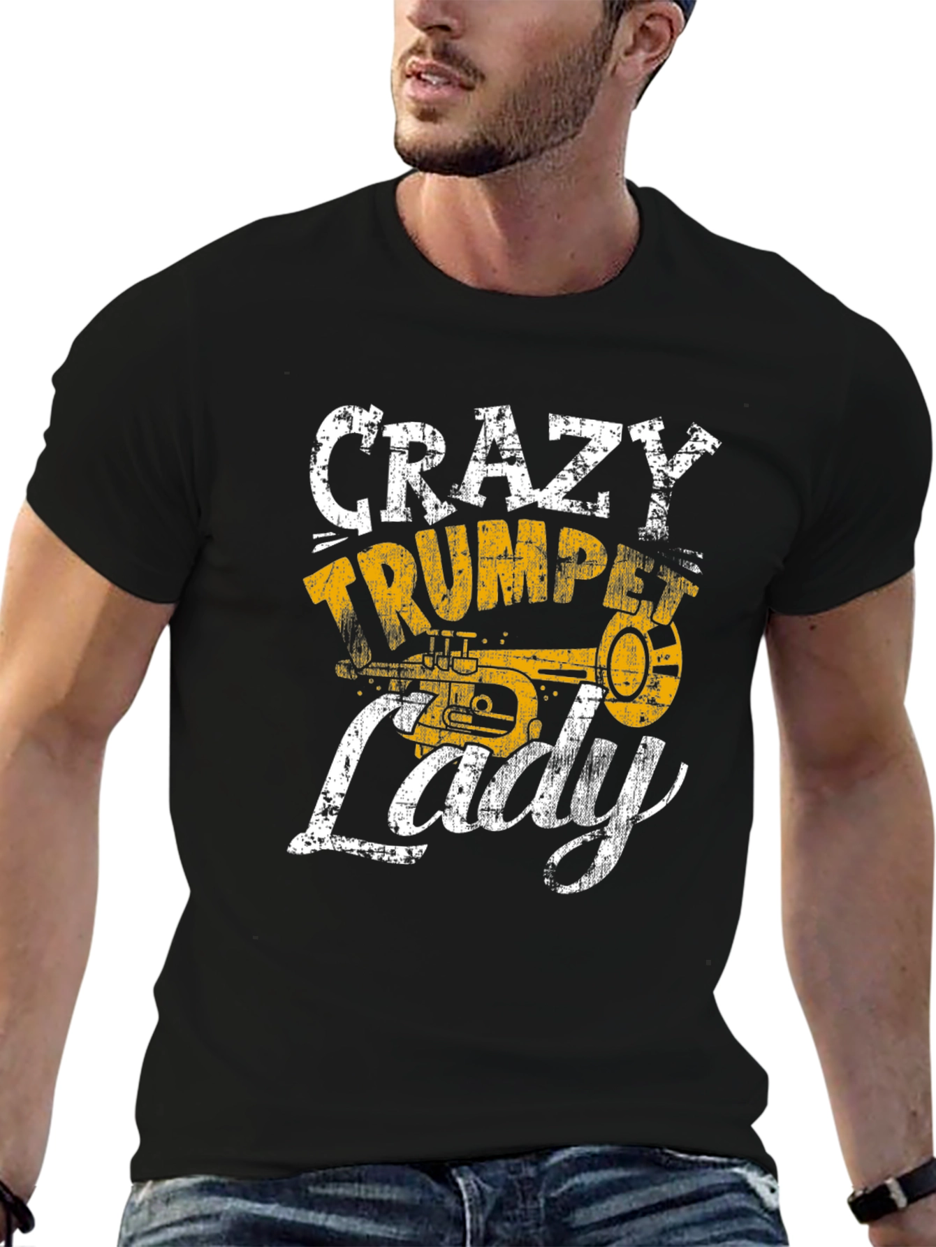 Black Crazy Trumpet Lady Graphic T-Shirt - Musician Tee view 6