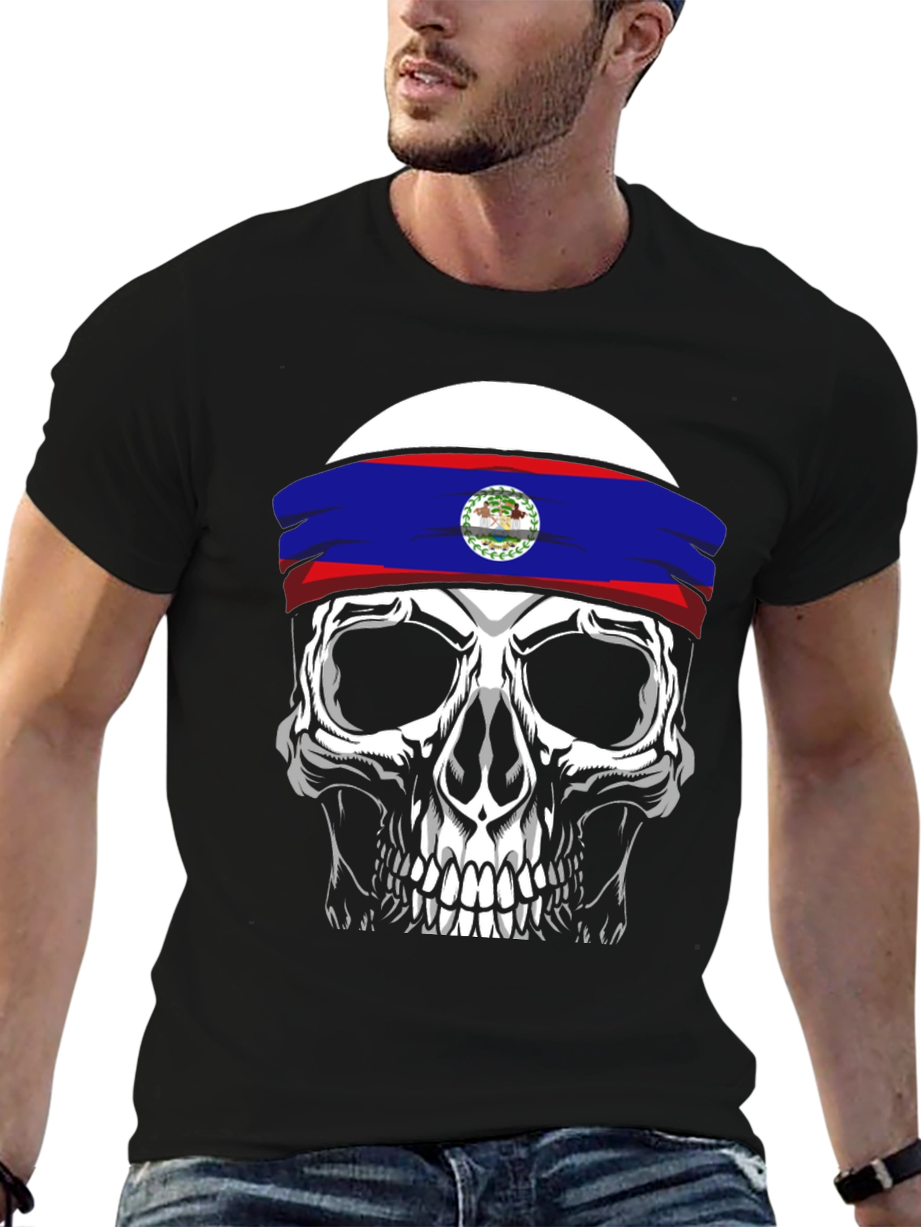 Black Skull Belize Flag Headband T-Shirt view 6