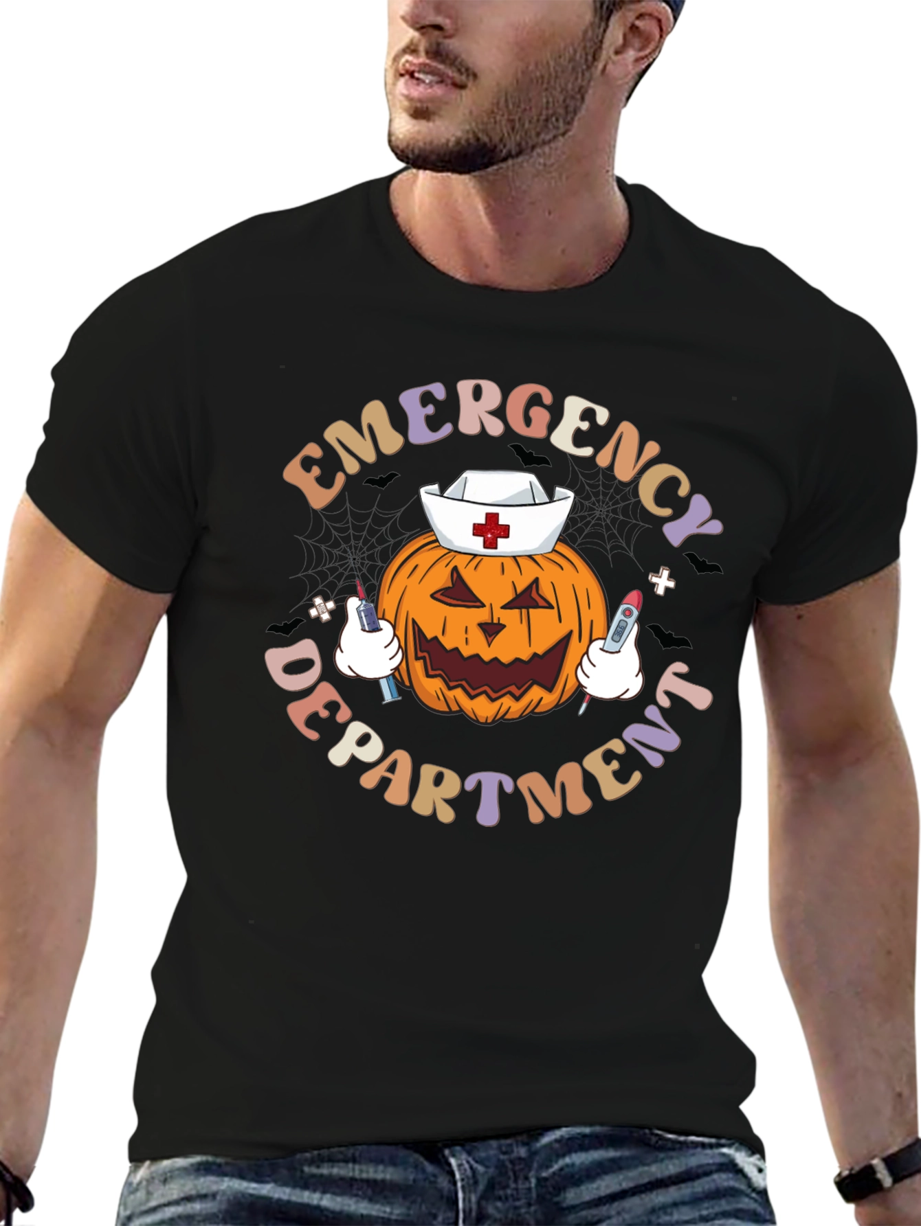 Black Emergency Dept. Halloween Pumpkin Nurse T-Shirt view 6