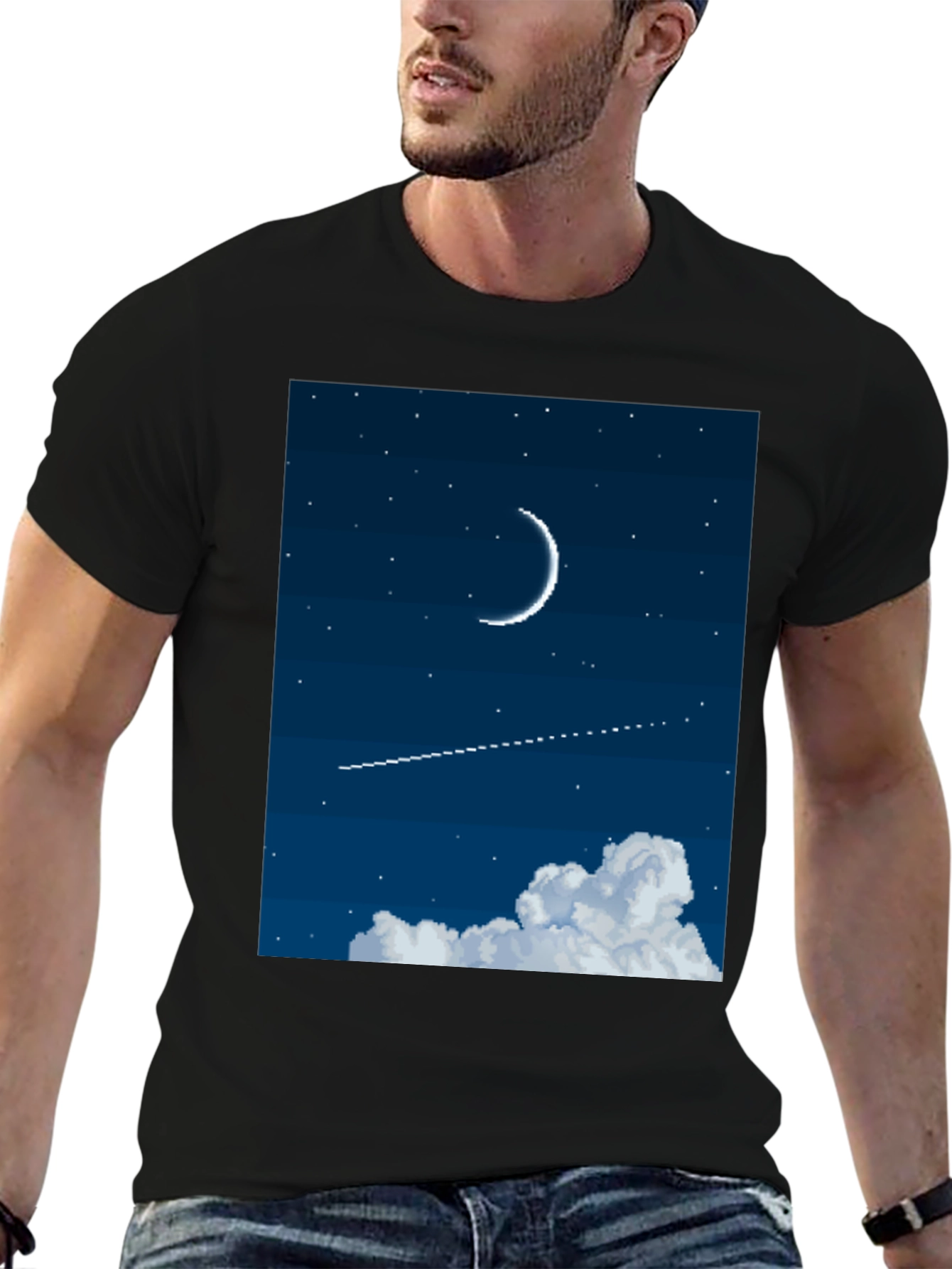 Black Pixel Moon Night Sky Black Tee view 6
