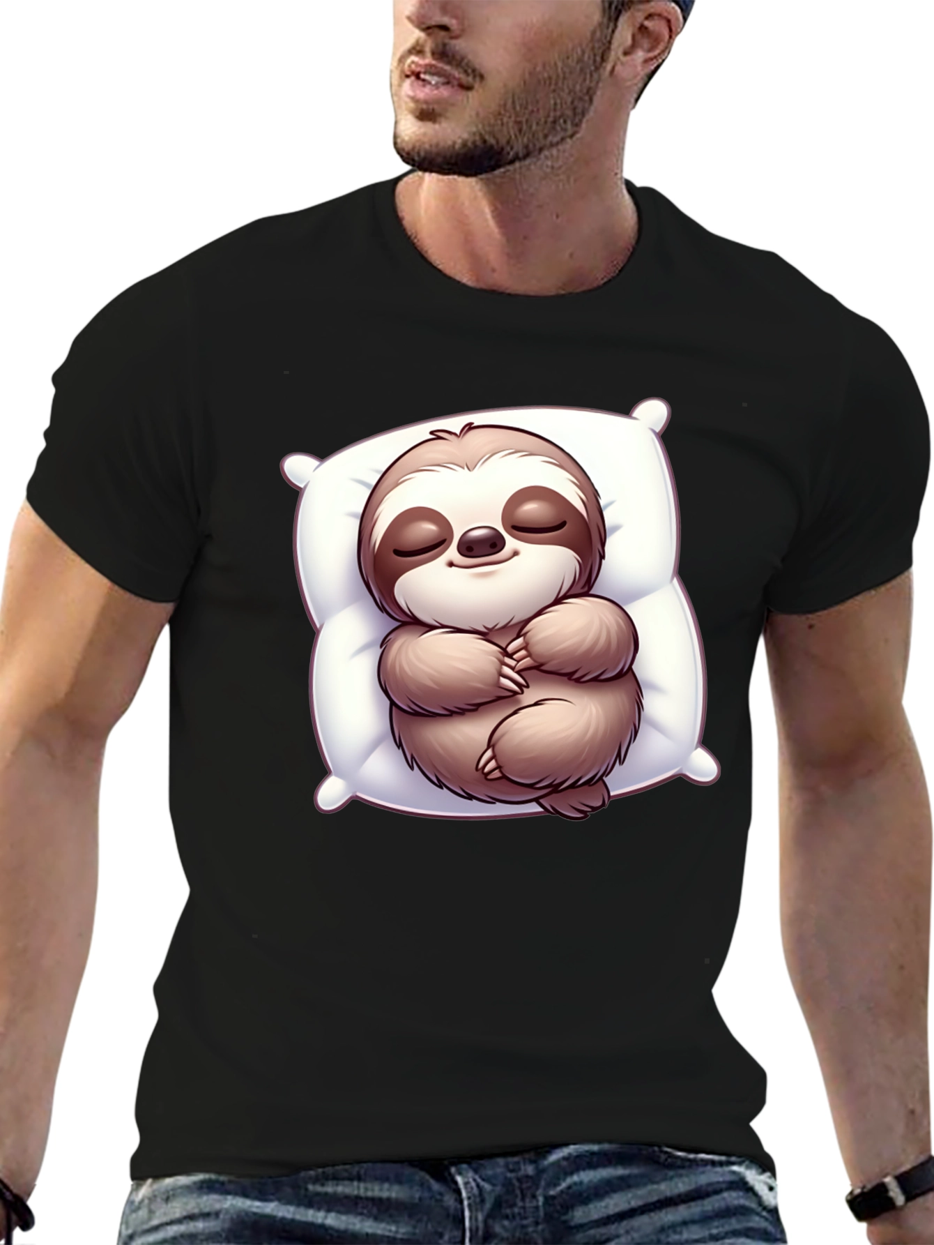 Black Cute Sloth Sleeping on Pillow Black T-Shirt view 6