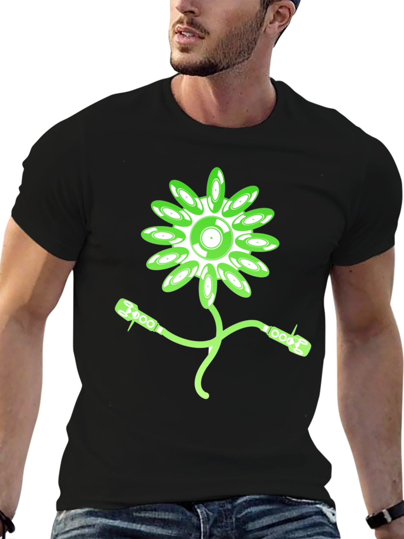 Black Groovy Record Flower Graphic Tee - Black Cotton T-Shirt view 6