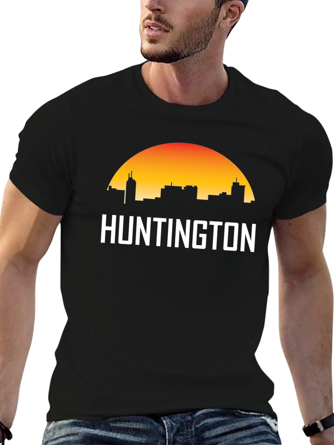 Black Huntington City Skyline T-Shirt - Sunset Graphic Tee view 6