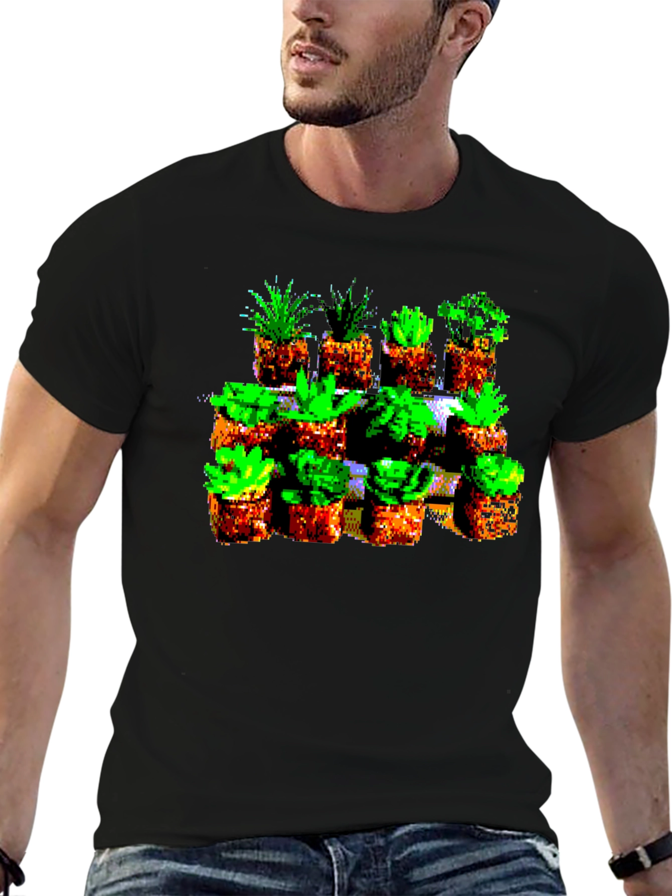 Black Pixelated Plant Lover Tee - Retro 8-Bit Style view 6