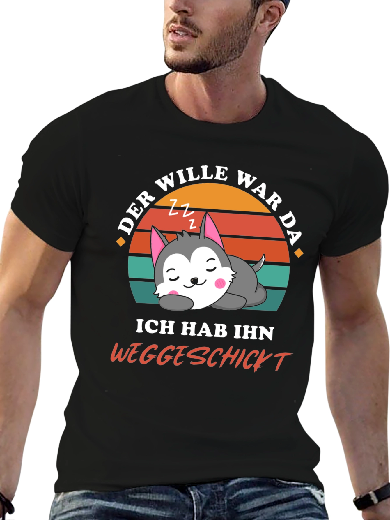 Black Funny Sleepy Wolf T-Shirt -  Der Wille War Da view 6