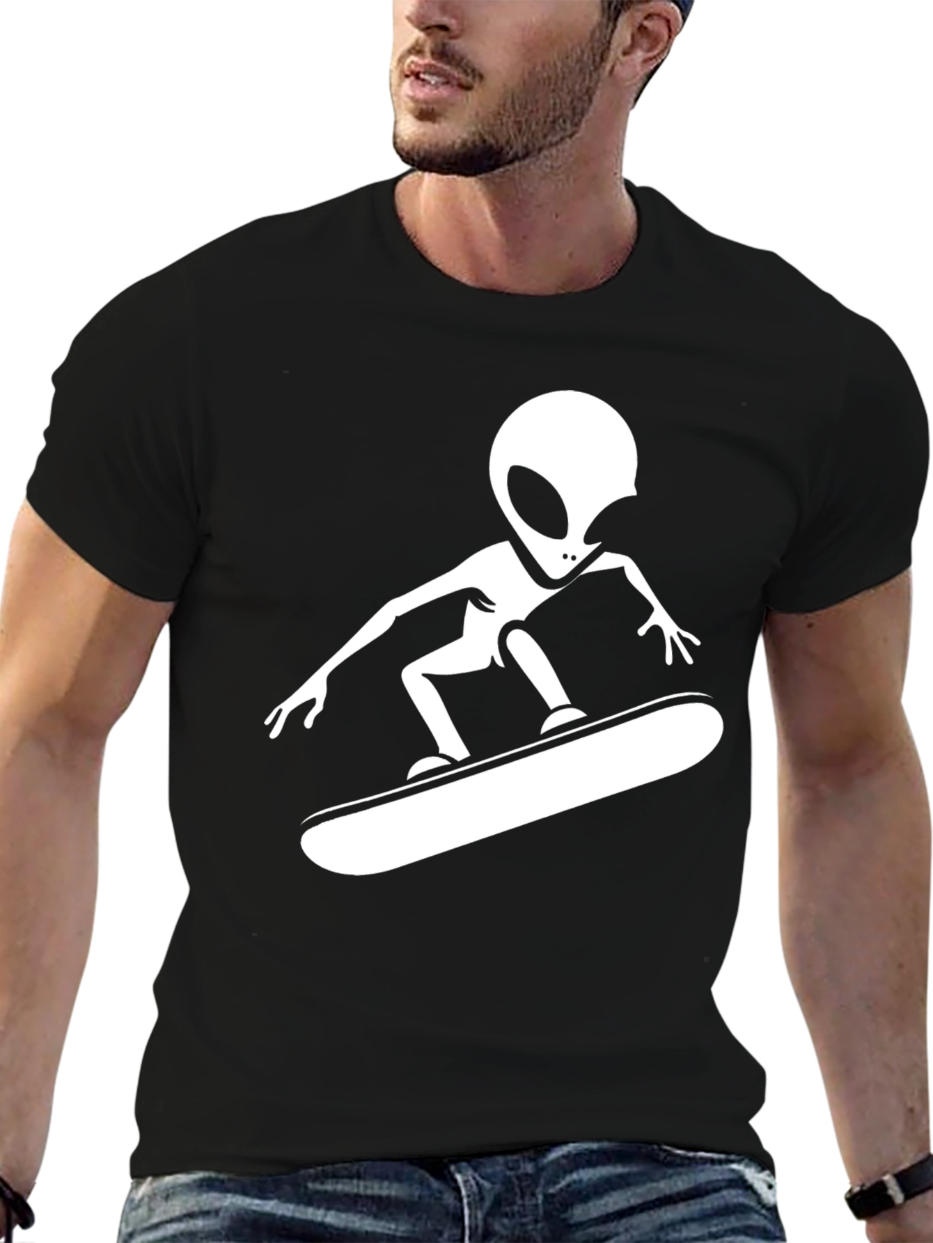 Black Alien Skateboarder Graphic Tee - Cool Casual Style view 6