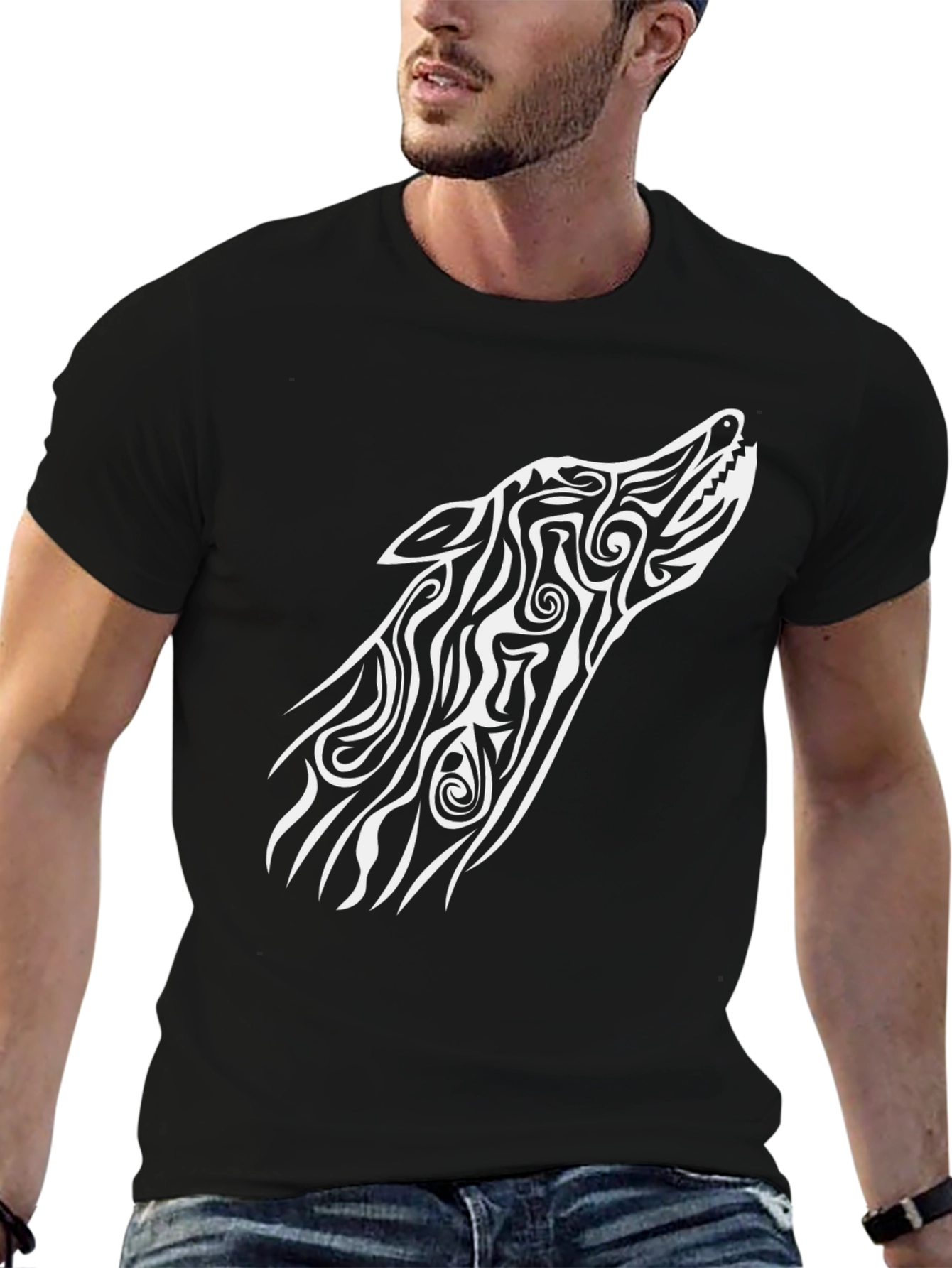 Black Tribal Wolf Graphic Tee - Black Cotton Blend view 6