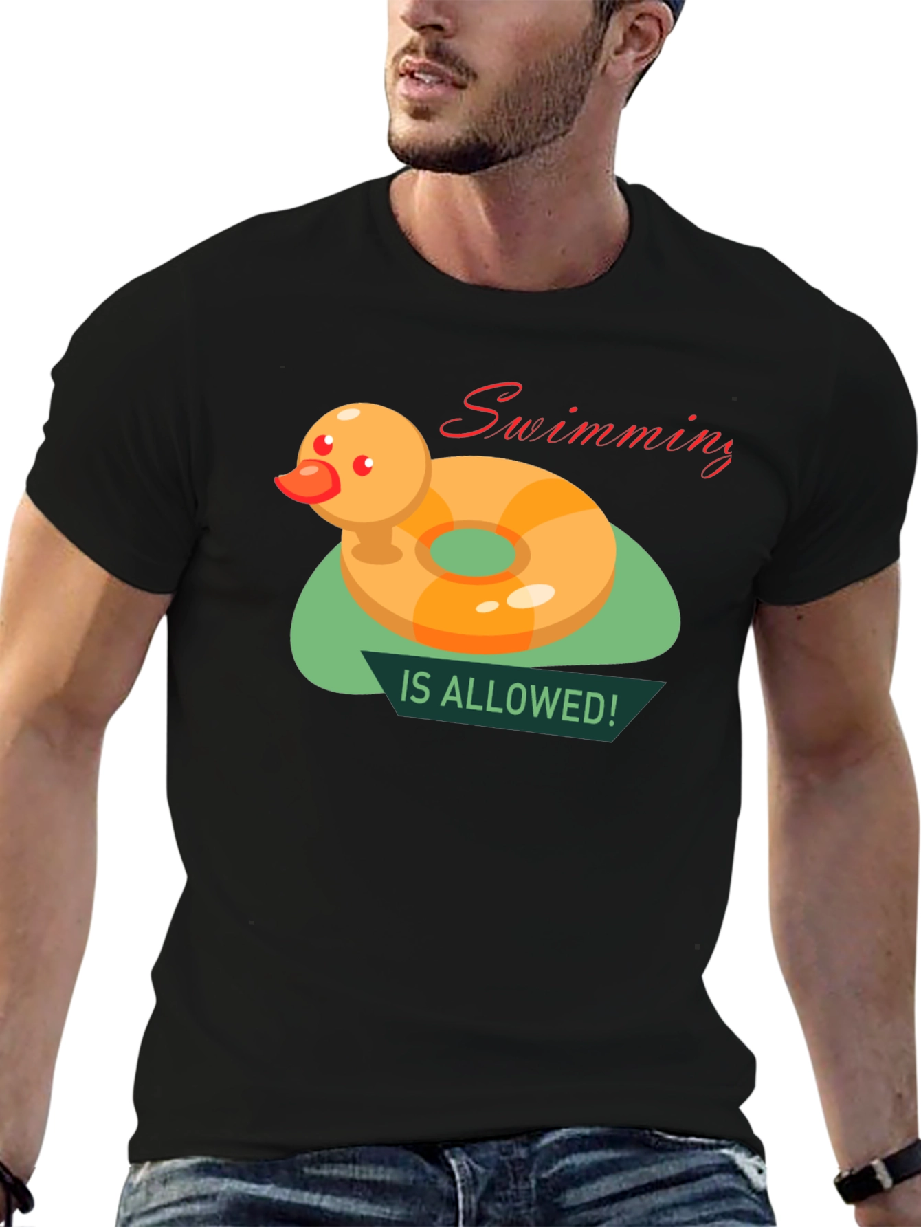 Black Funny Duck Swimming T-Shirt view 6