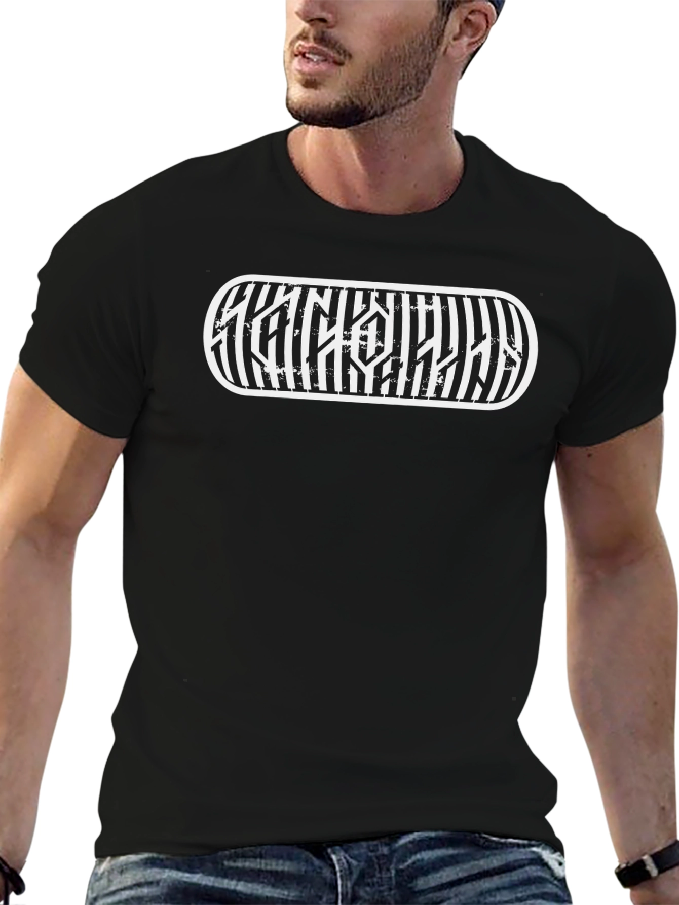 Black Graphic Tee - Distressed Stripe Design - 6