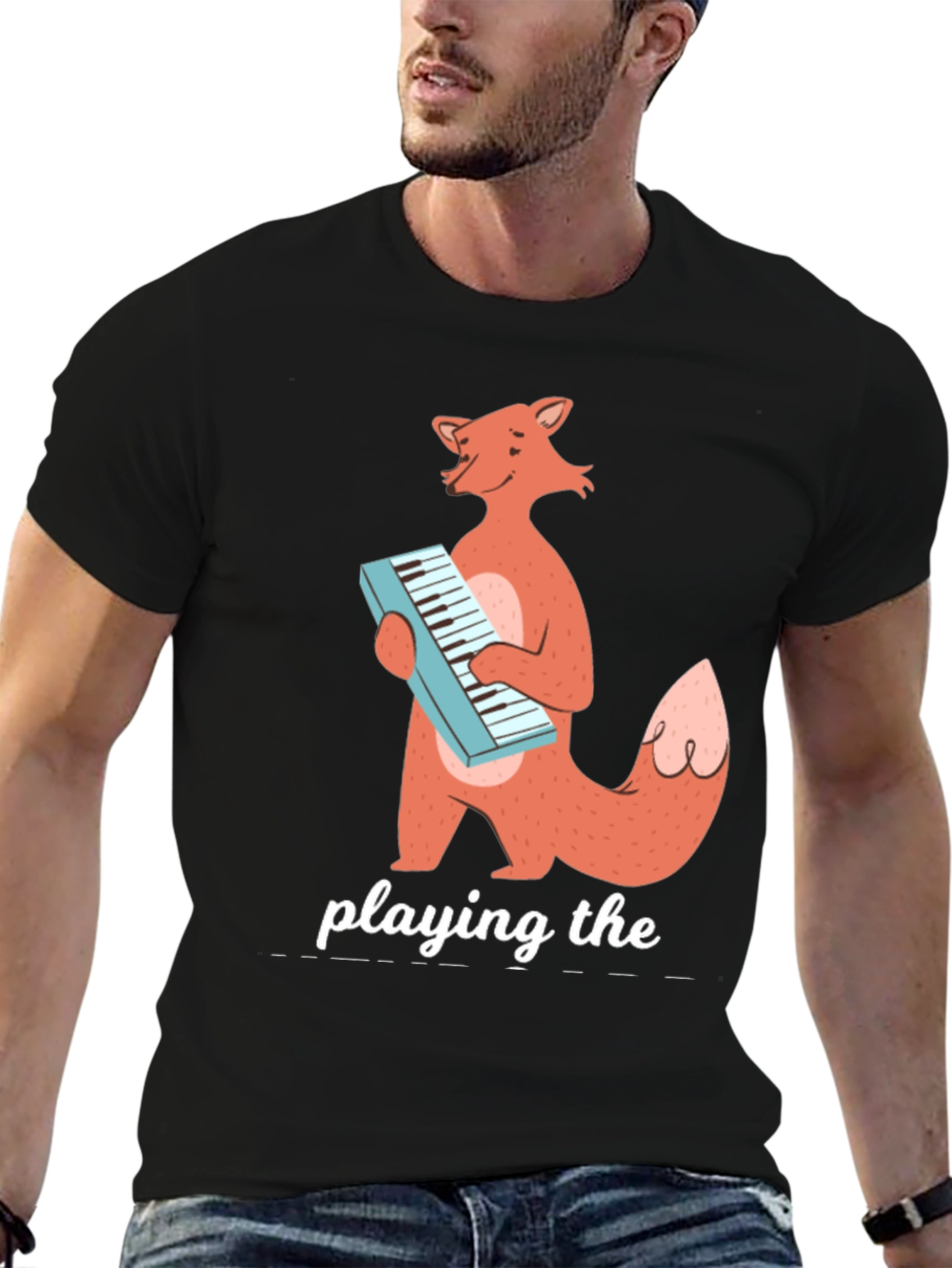 Black Fox Playing Keyboard Funny Graphic T-Shirt view 6