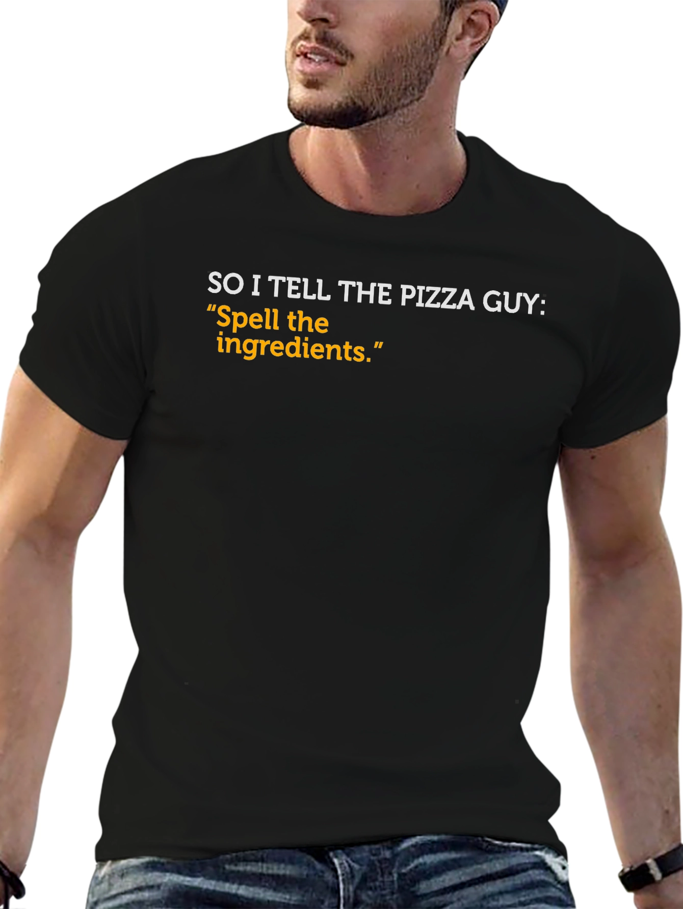 Black Spell the Ingredients Funny Pizza T-Shirt view 6