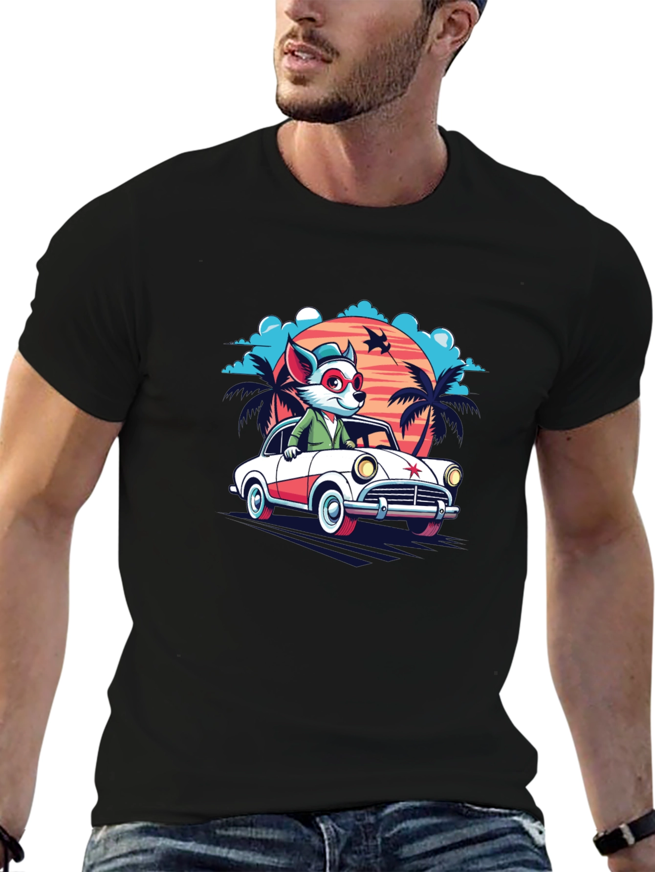 Black Cool Cartoon Fox Car T-Shirt view 6