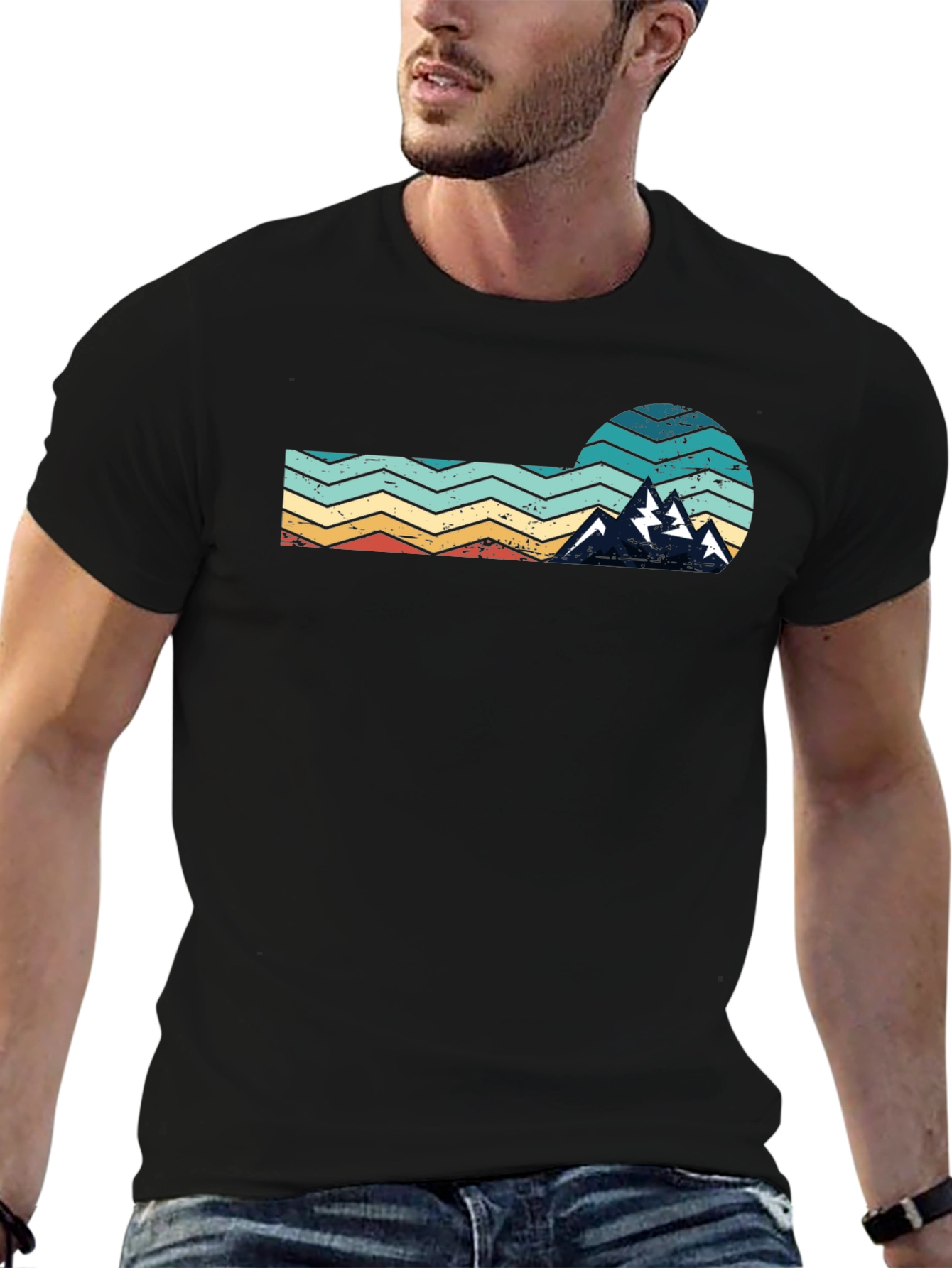 Black Retro Mountain Graphic Tee - Vintage Style Black T-Shirt view 6