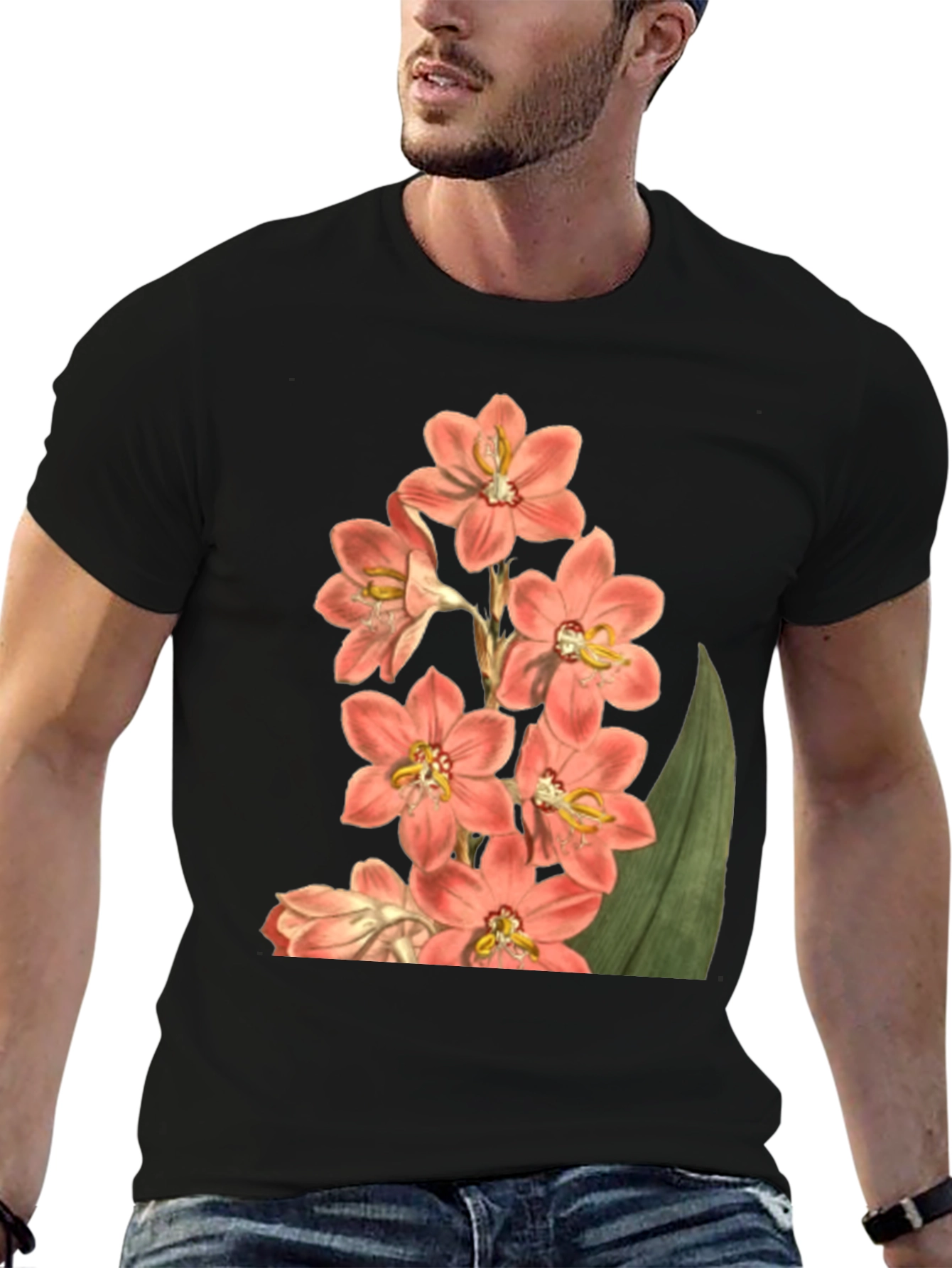 Black Floral Print T-Shirt - Black Cotton Blend view 6