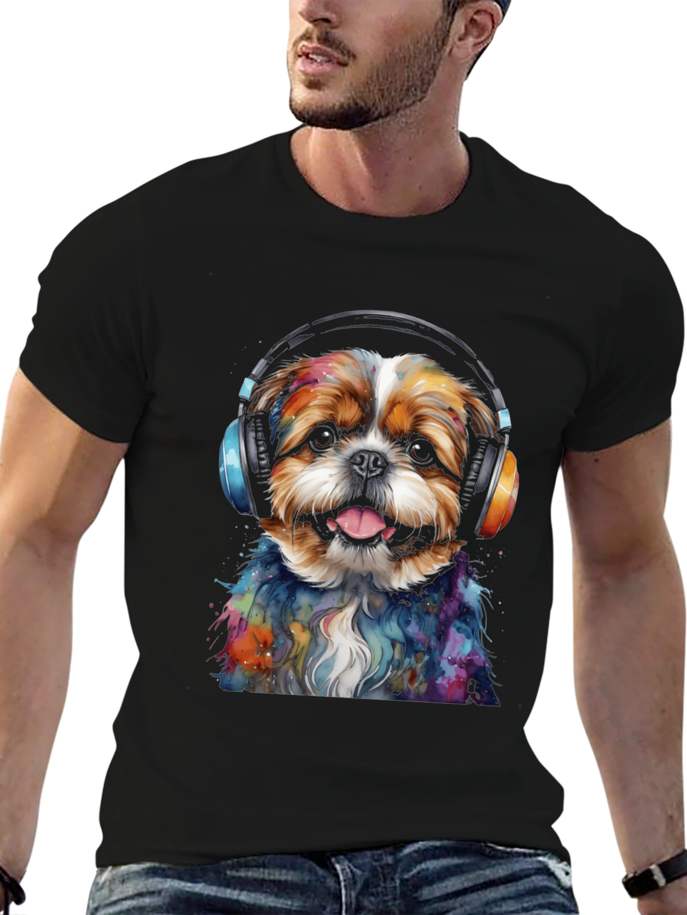 Black Dog with Headphones Graphic Tee view 6