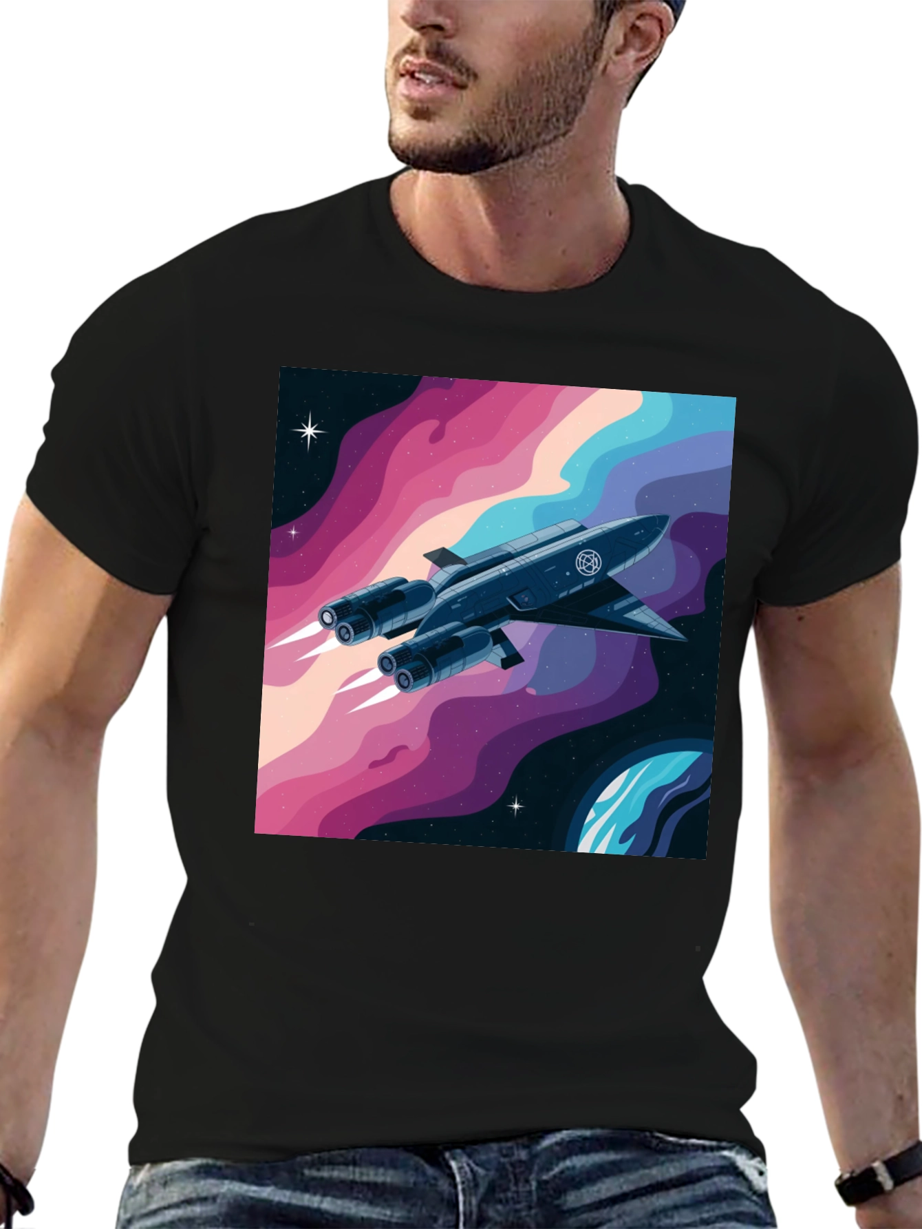 Black Retro Space Rocket Graphic Tee view 6