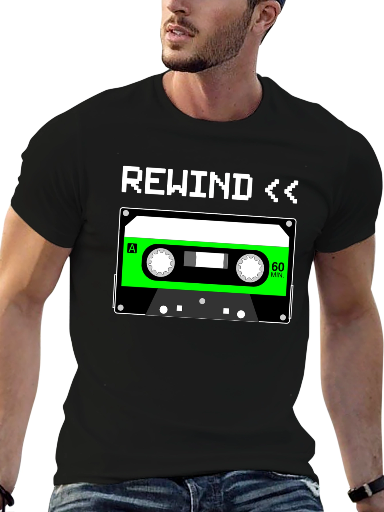 Black Retro Rewind Cassette Tape Graphic Tee - 80s Nostalgia T-Shirt view 6