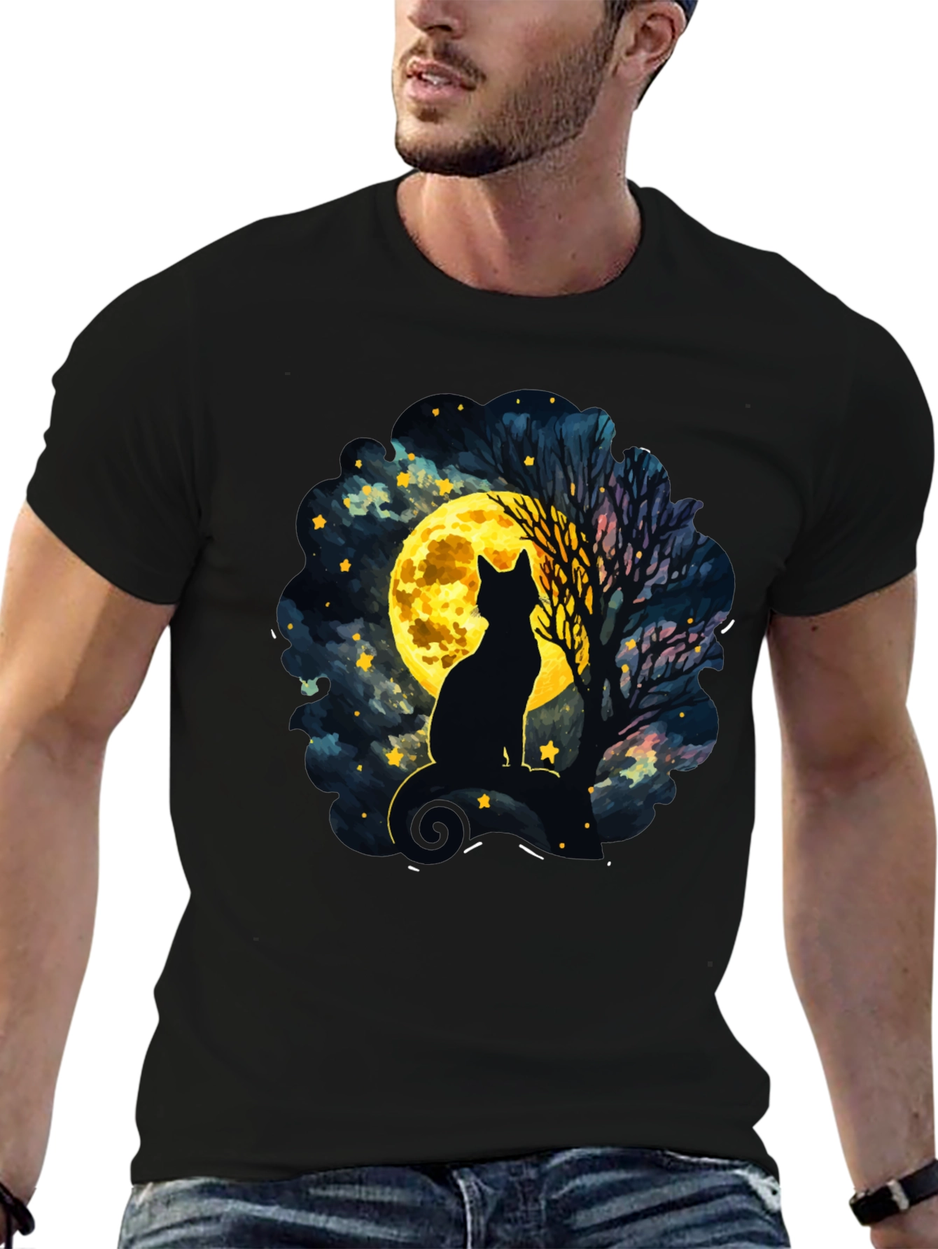 Black Moonlit Cat T-Shirt - Whimsical Night Sky Design view 6