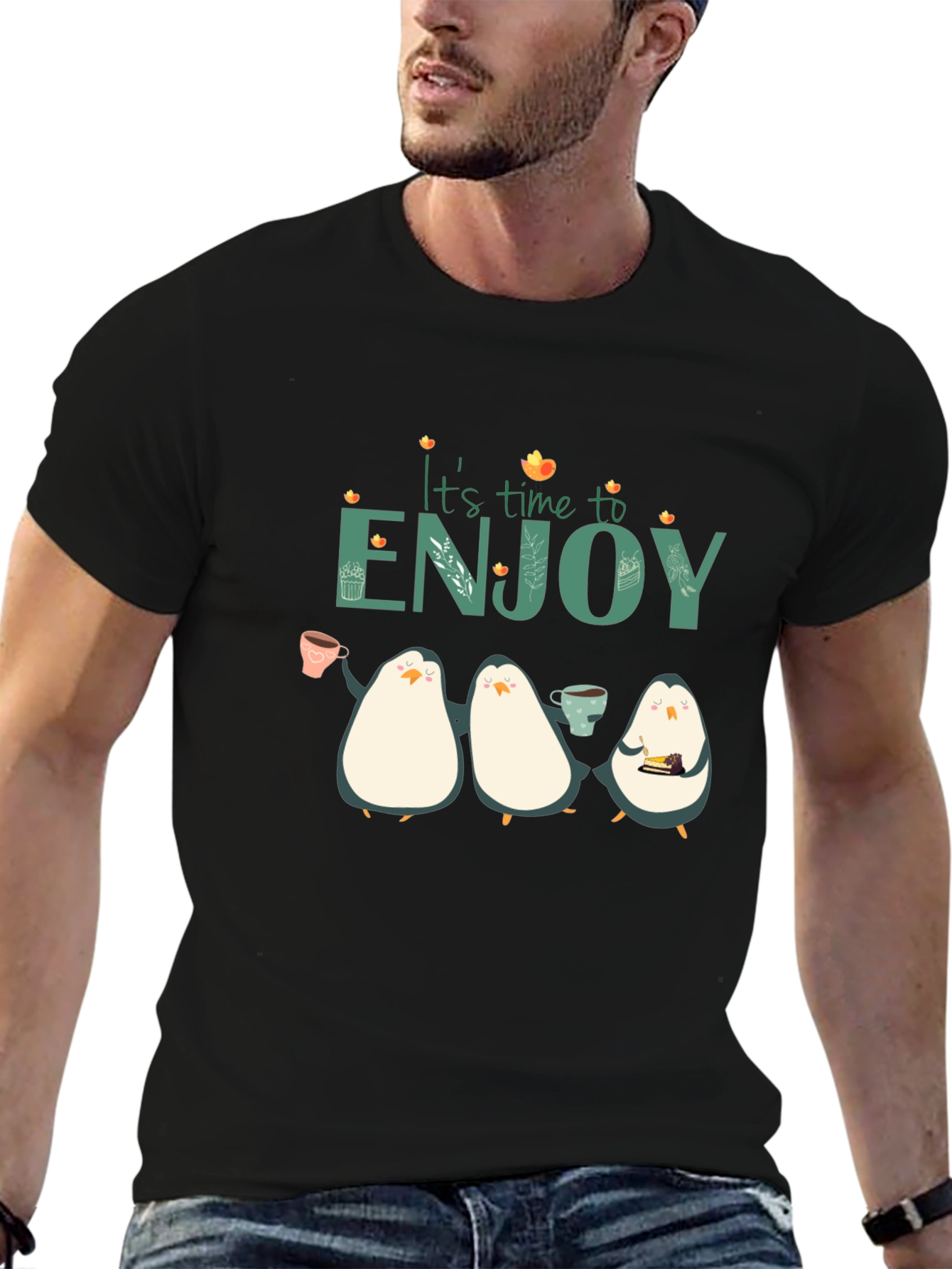 Black It's Time To Enjoy Penguin T-Shirt view 6