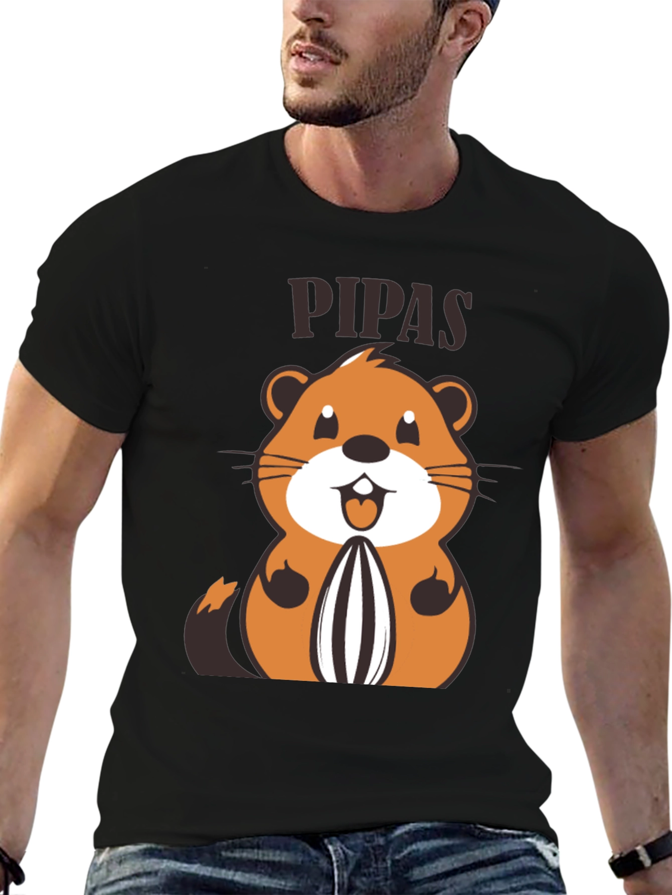 Black Funny PIPAS T-Shirt with Cartoon Animal Design view 6