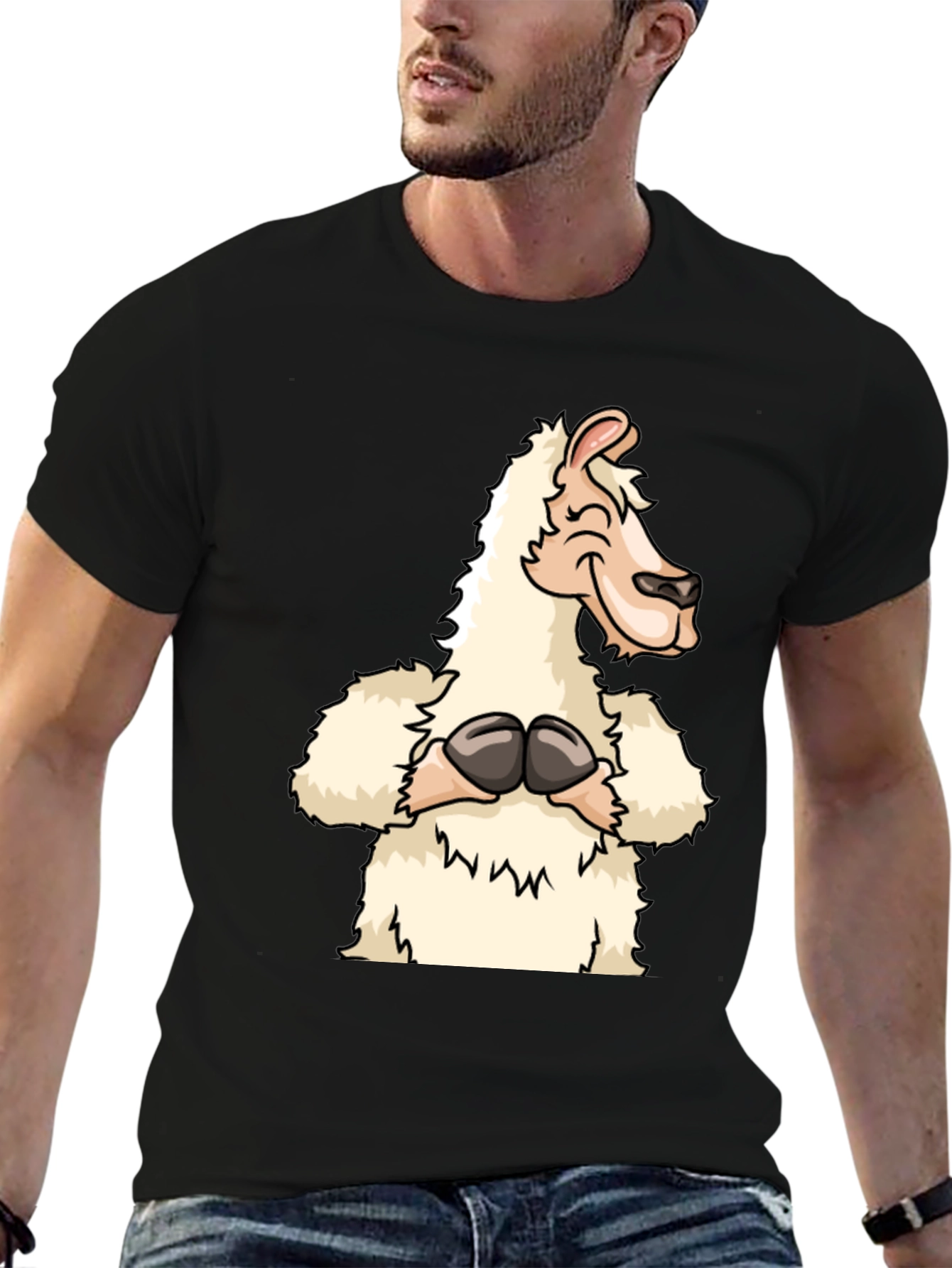 Black Funny Llama Graphic Tee - Black Cotton T-Shirt view 6