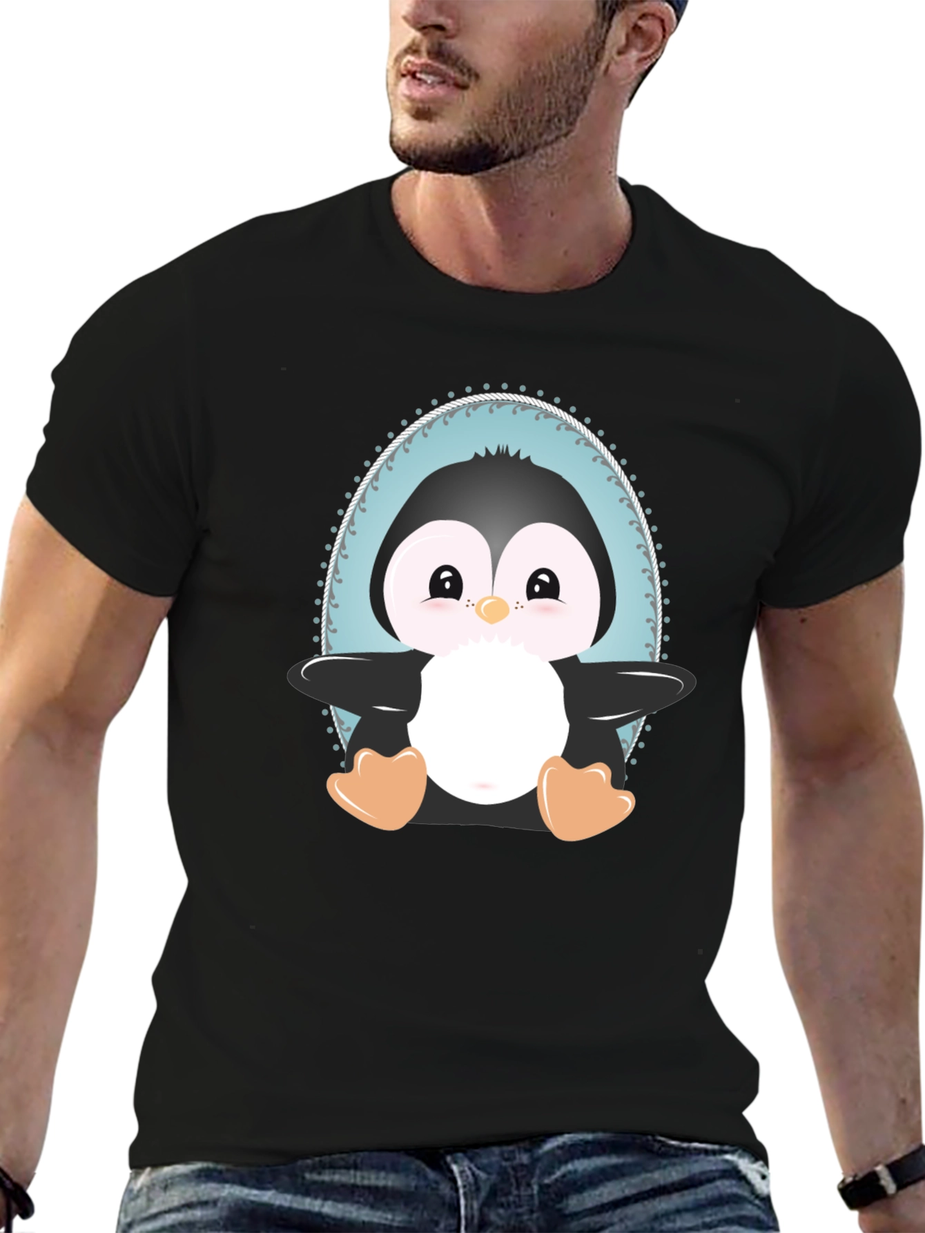 Black Cute Penguin Graphic Tee - Unisex Black T-Shirt view 6