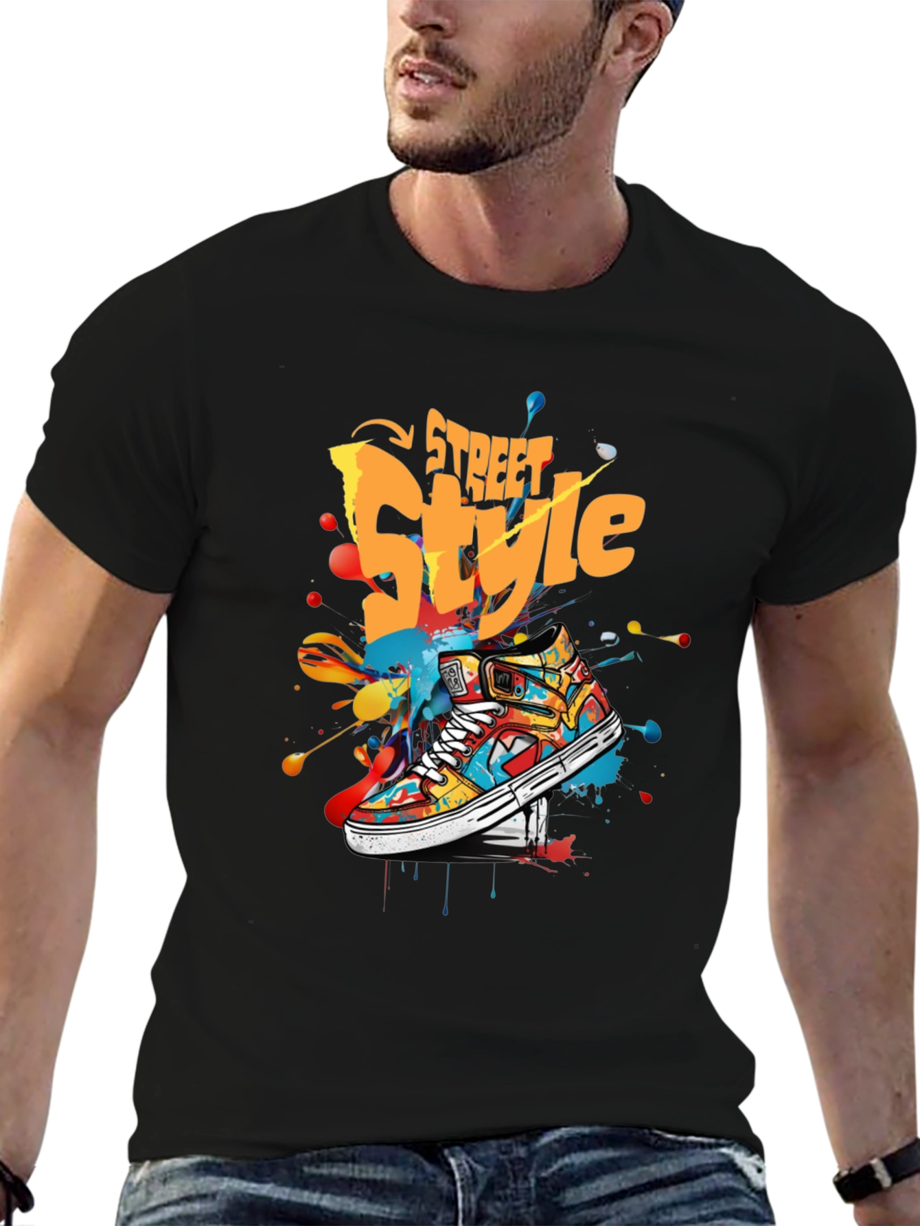 Black Street Style Graphic Tee - Colorful Sneaker Design view 6