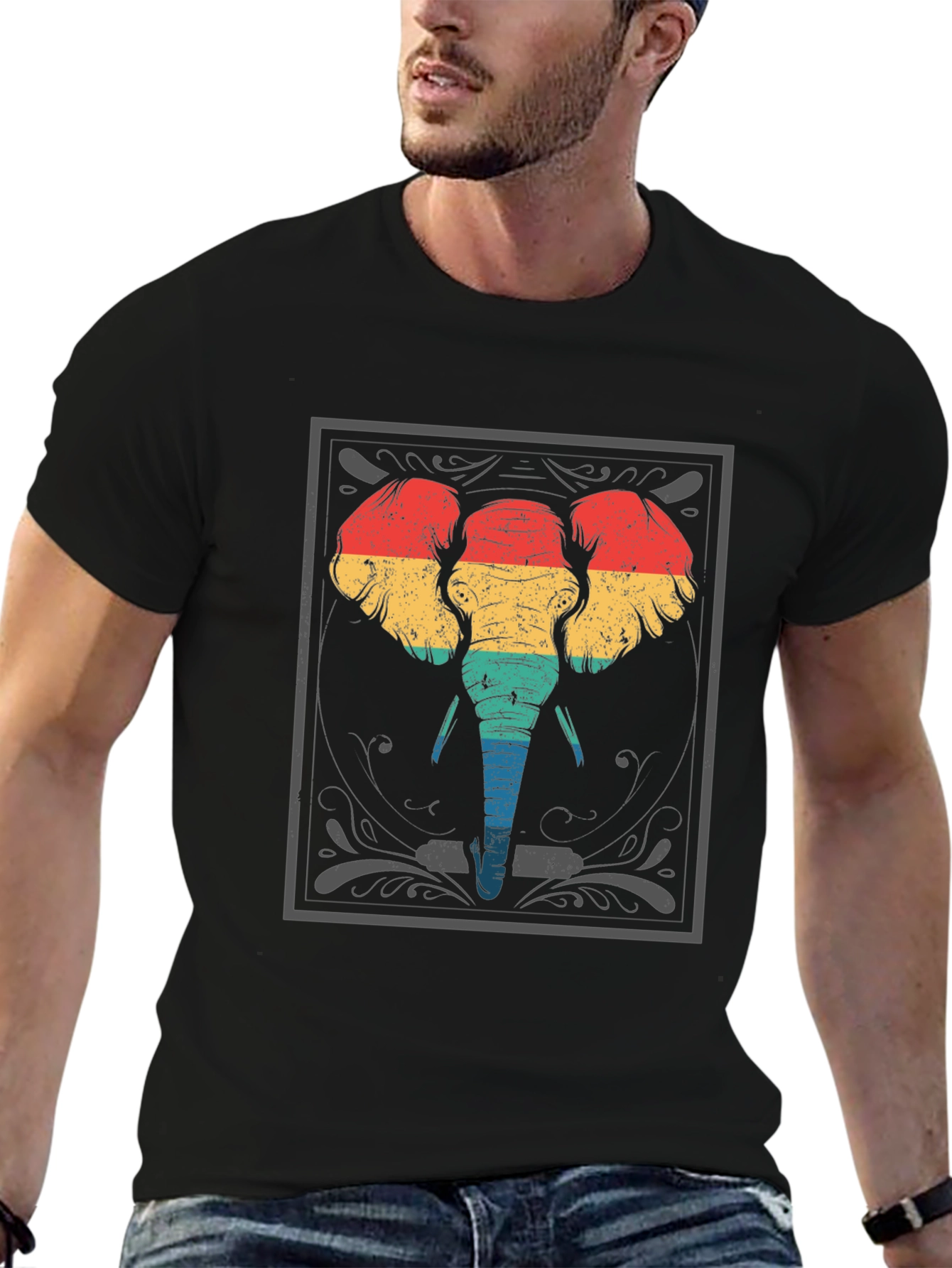 Black Retro Elephant Graphic T-Shirt - Unique Animal Print view 6