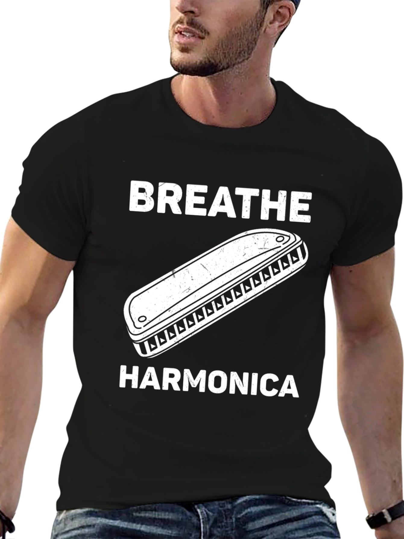 Black Breathe Harmonica Graphic T-Shirt, Music Lover Tee view 6
