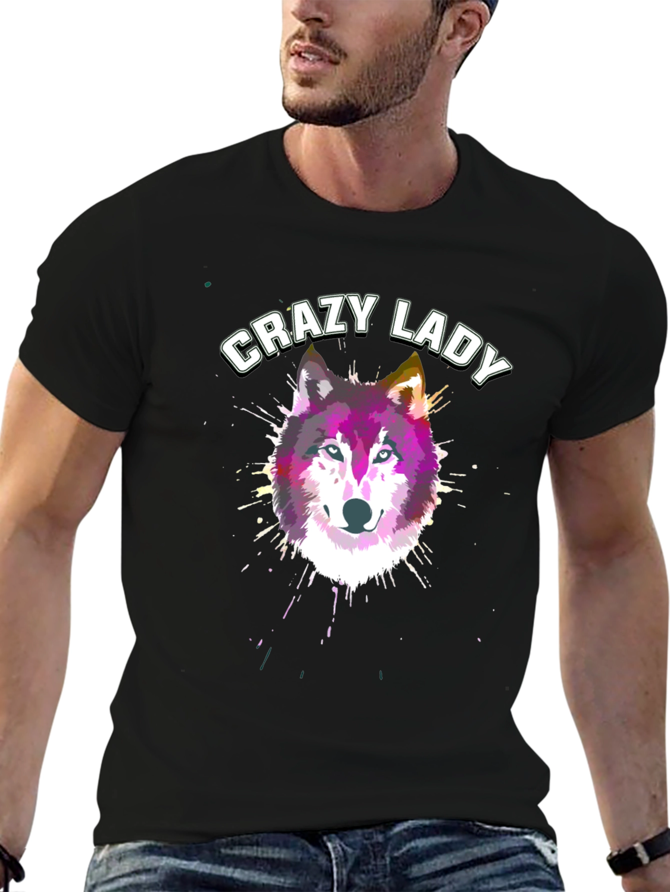 Black Crazy Lady Wolf Graphic T-Shirt | Unisex view 6