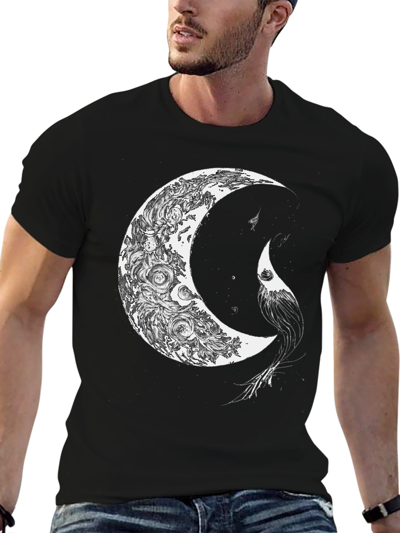 Black Celestial Crescent Moon Graphic Print T-Shirt view 6