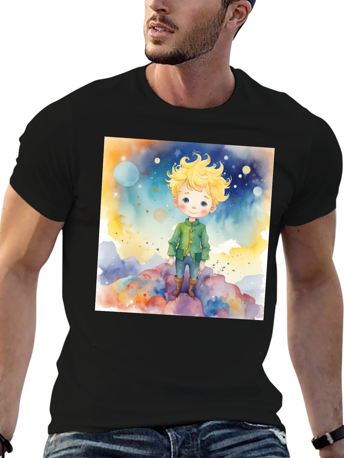 Black Little Prince Watercolor Graphic Tee - Soft Cotton Blend view 6