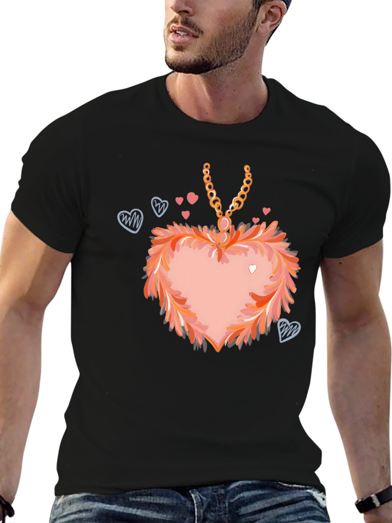 Black Heart Pendant T-Shirt: Fashionable Valentine's Day Apparel view 6