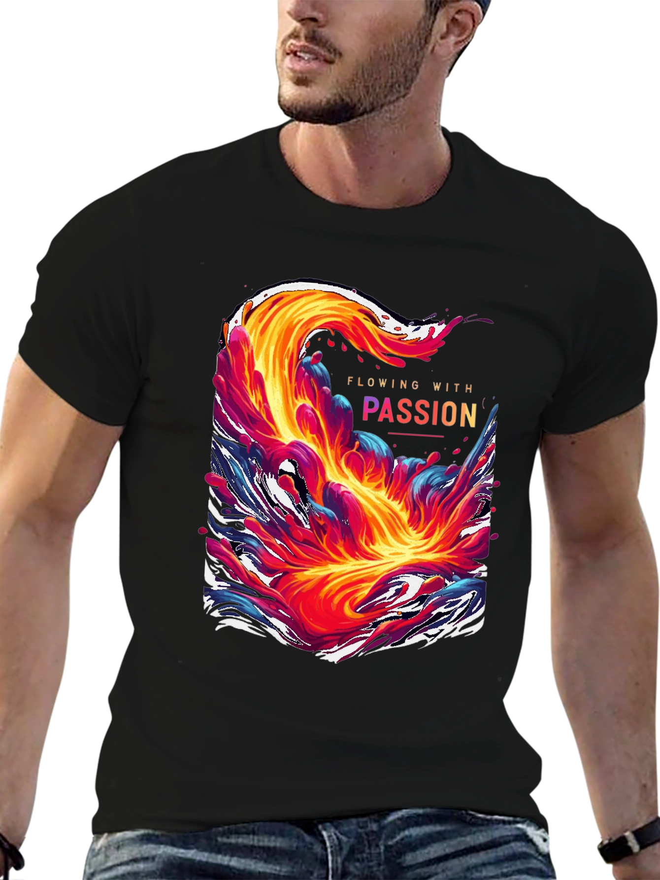 Black Flowing With Passion Graphic Tee - Unique Men's T-Shirt view 6
