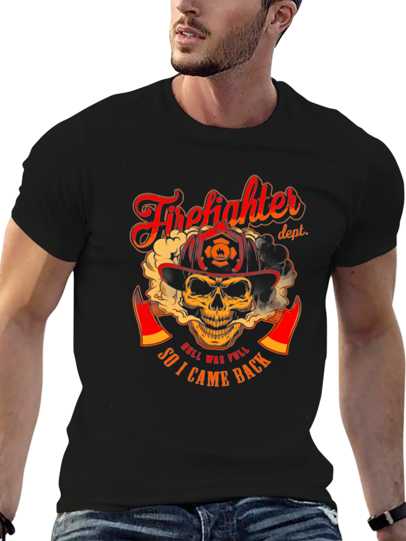 Black Firefighter Skull Graphic T-Shirt - "Hell Was Full" Design view 6