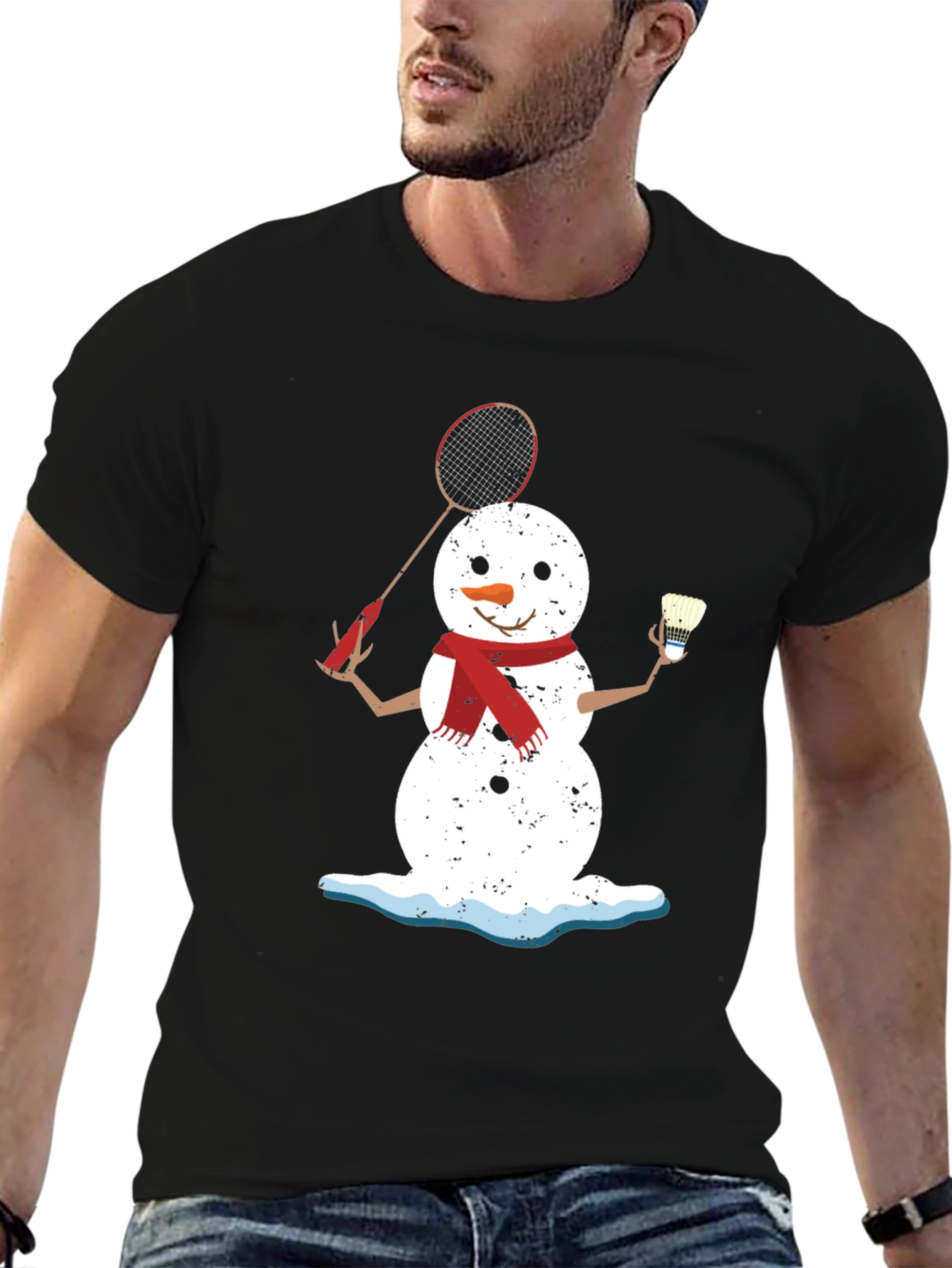 Black Snowman Badminton Player Graphic Tee view 6