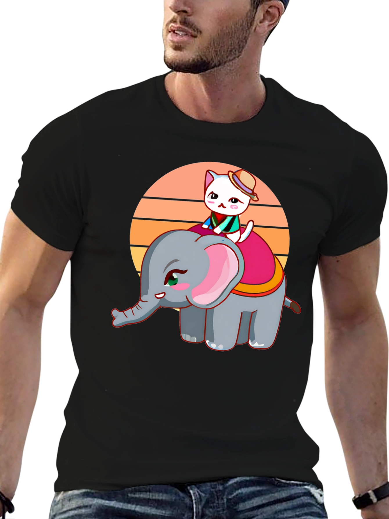 Black Cute Cartoon Elephant and Cat Graphic Tee view 6
