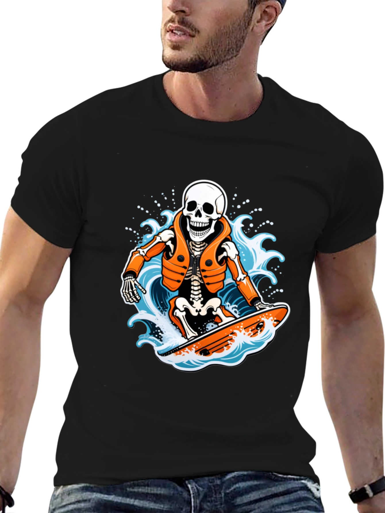 Black Skeleton Surfer Graphic T-Shirt - Black view 6