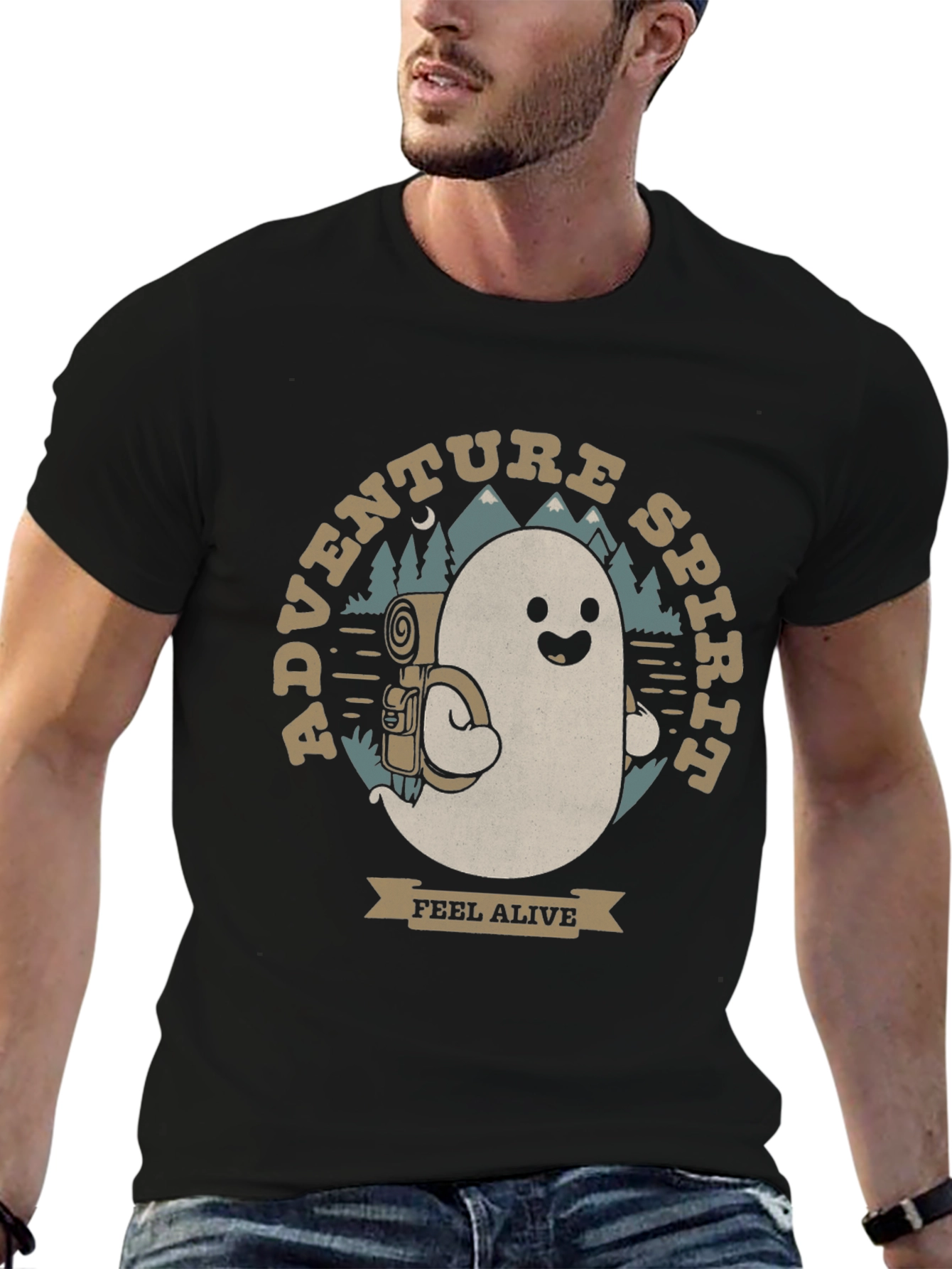 Black Adventure Spirit T-Shirt: Ghost with Backpack view 6