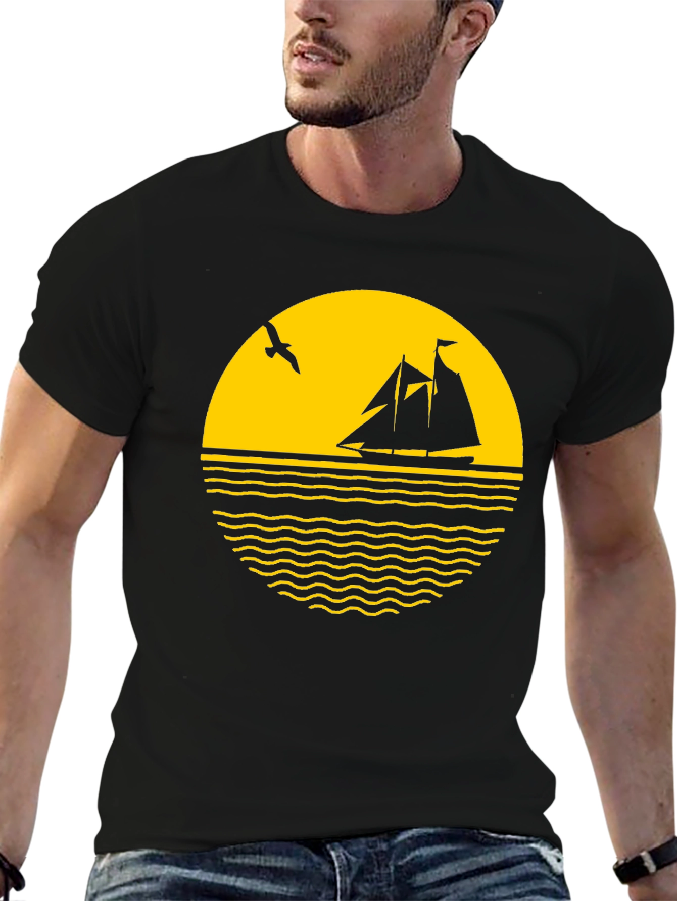 Black Nautical Sunset Graphic Tee - Black Cotton Blend view 6