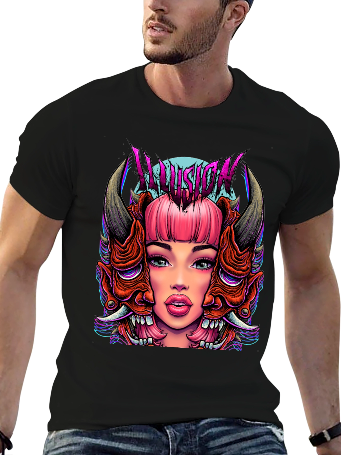 Black Illusion Graphic Tee - Edgy Demon Girl Design view 6