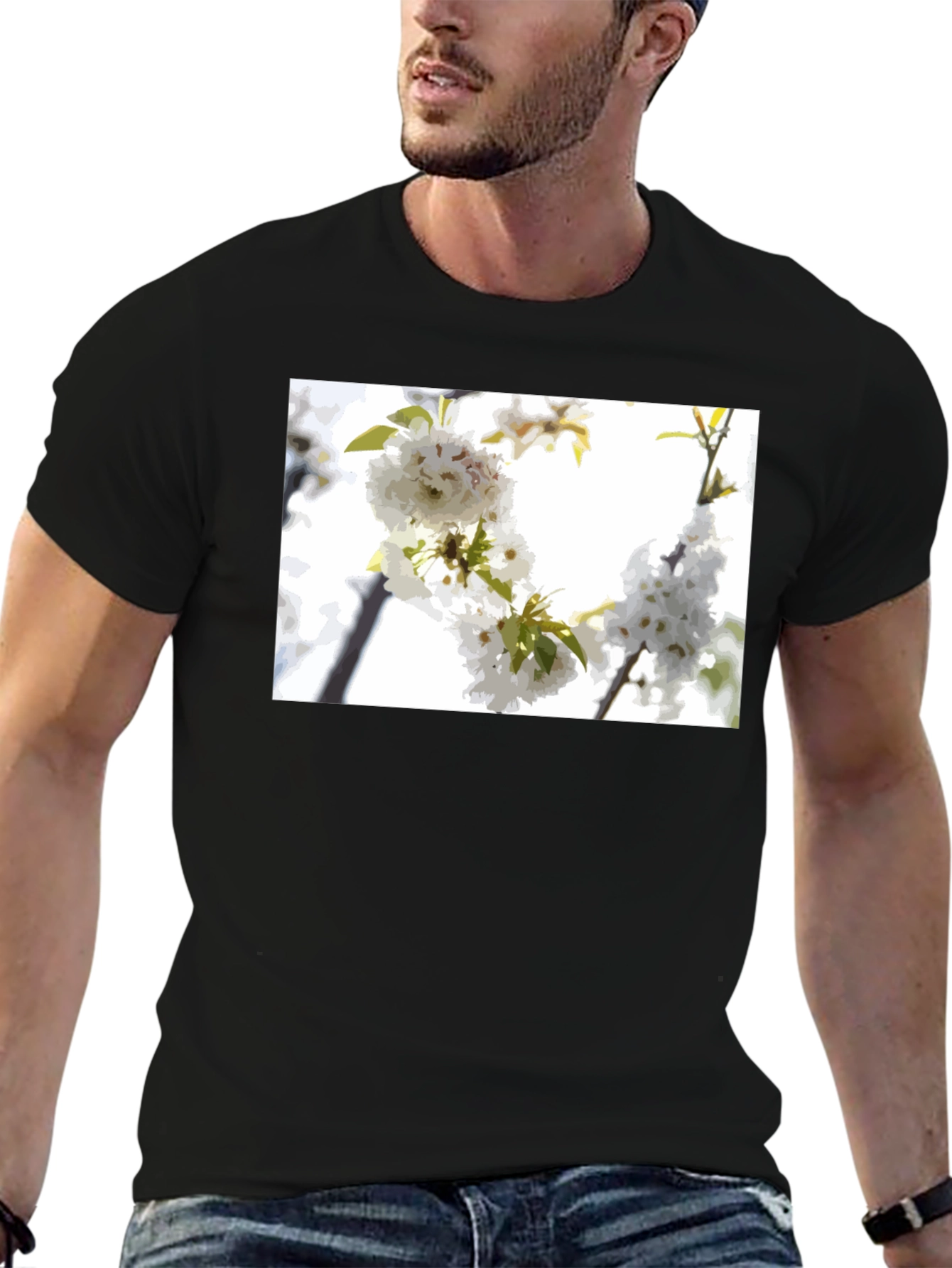 Black White Flower T-Shirt - Black Cotton Blossom Tee view 6