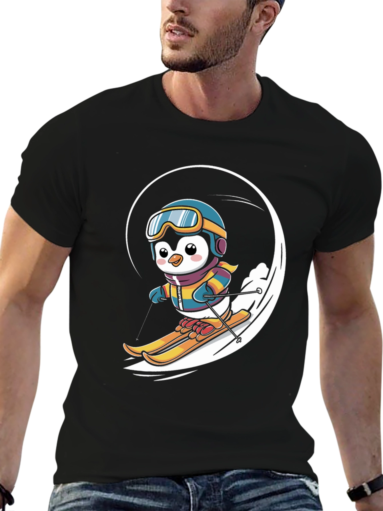 Black Penguin Skiing Graphic Tee - Winter Fun T-Shirt view 6