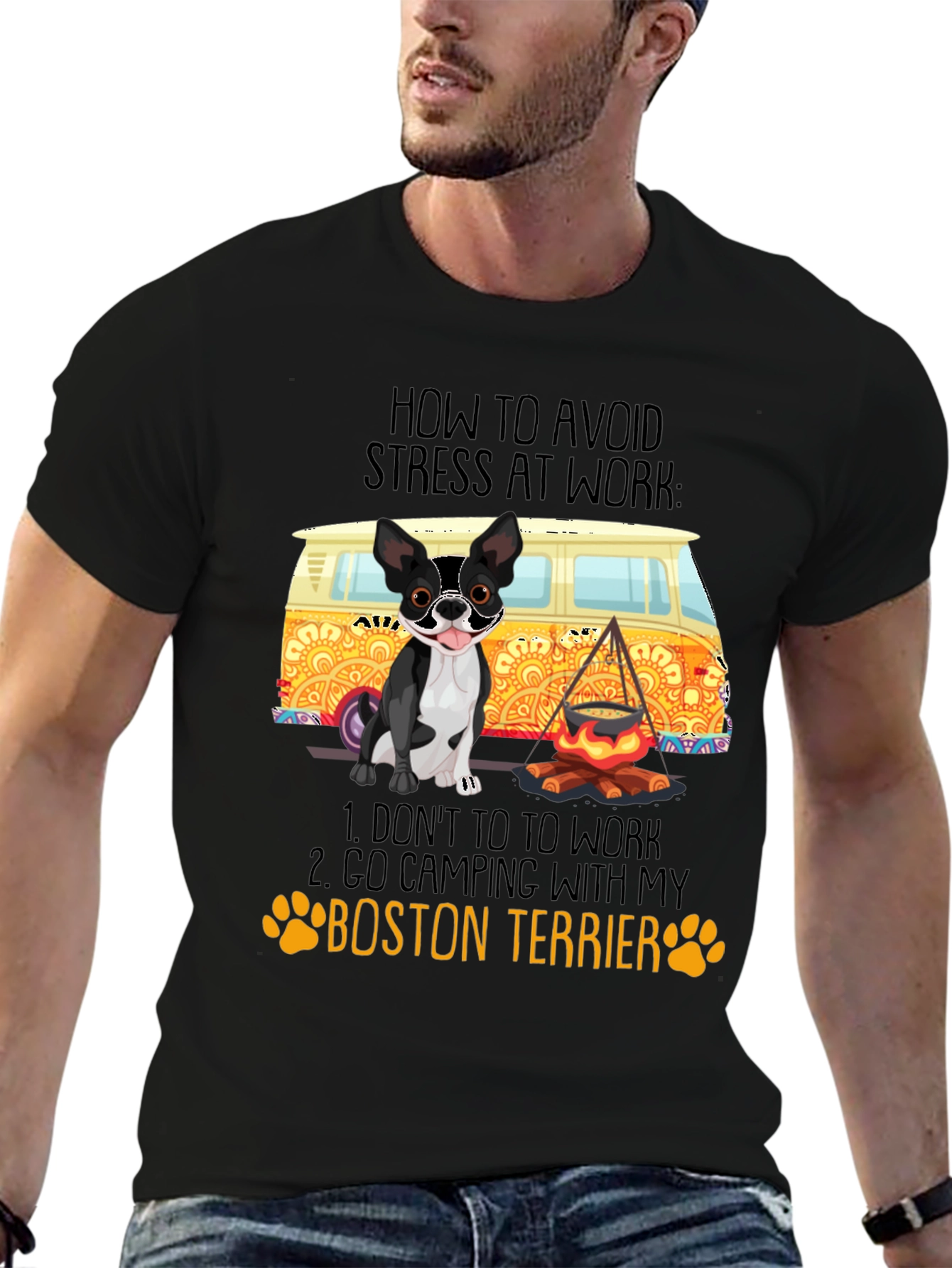 Black Boston Terrier Camping Graphic Tee - Avoid Stress at Work view 6